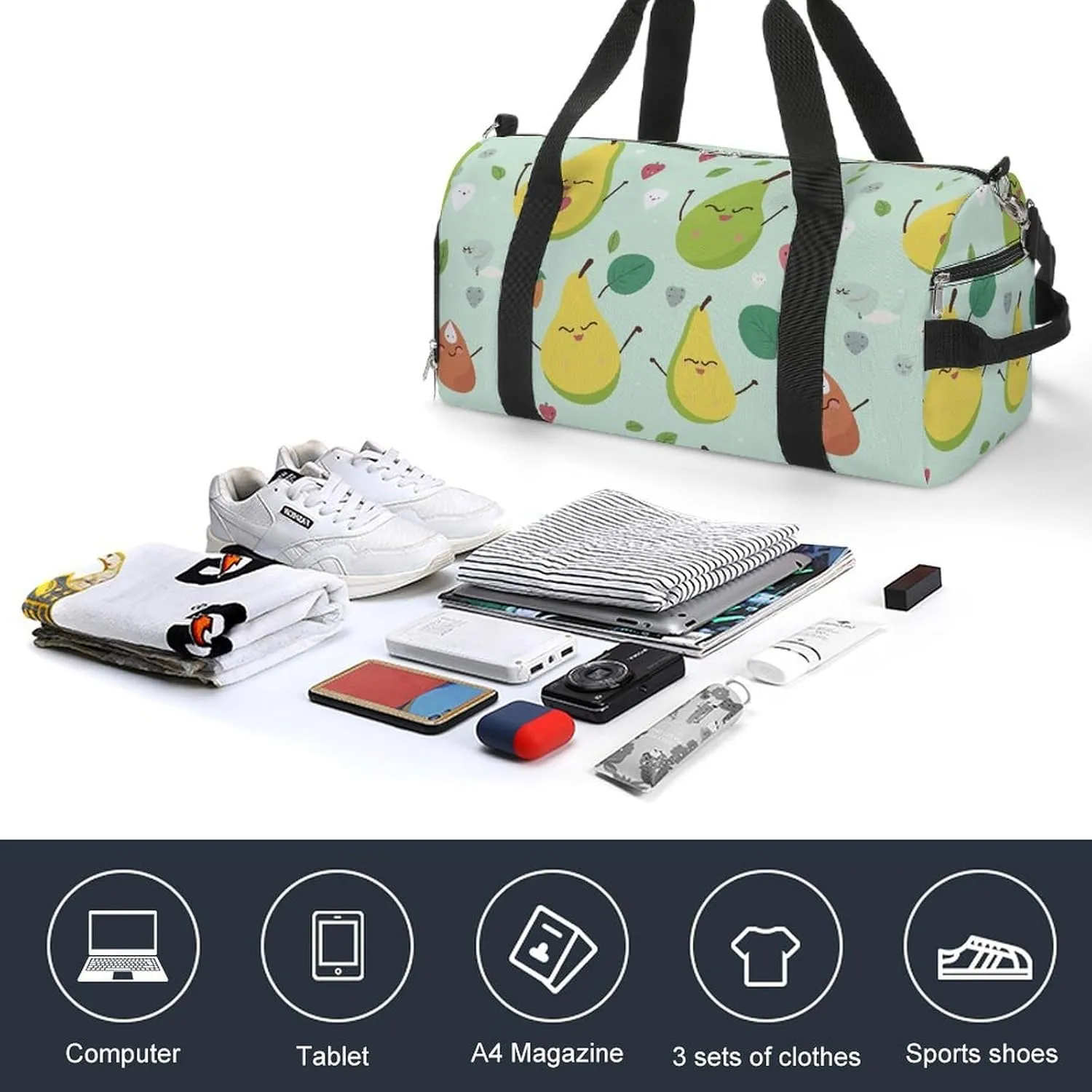 Gym Bag Cartoon Pears Duffel Bag for Men Women Overnight Bag with Shoe Compartment Workout Bags