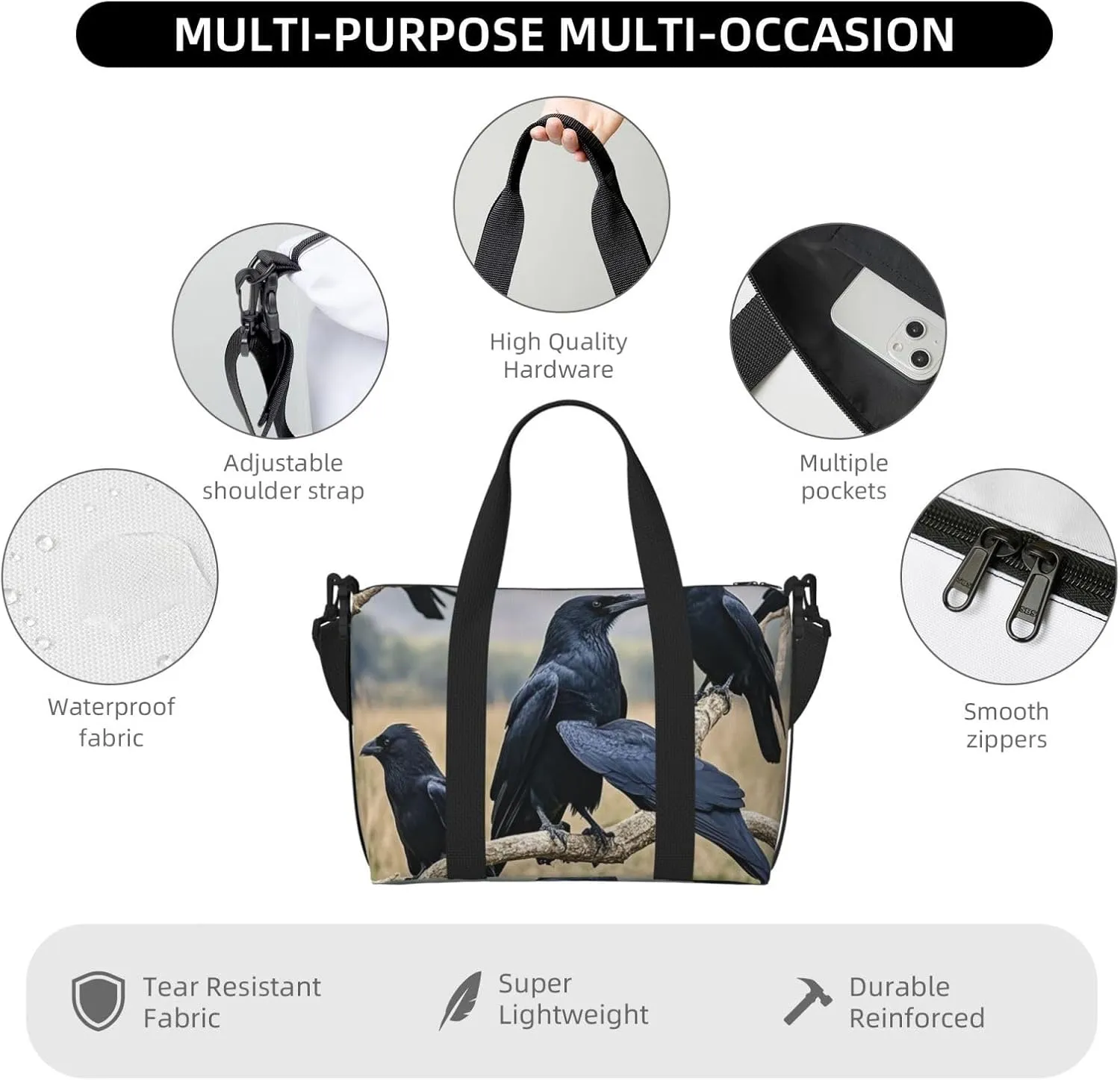 Gym Bag Crow Birds Duffel Bag for Men Women Travel Overnight Bag with Shoe Compartment Workout Bags
