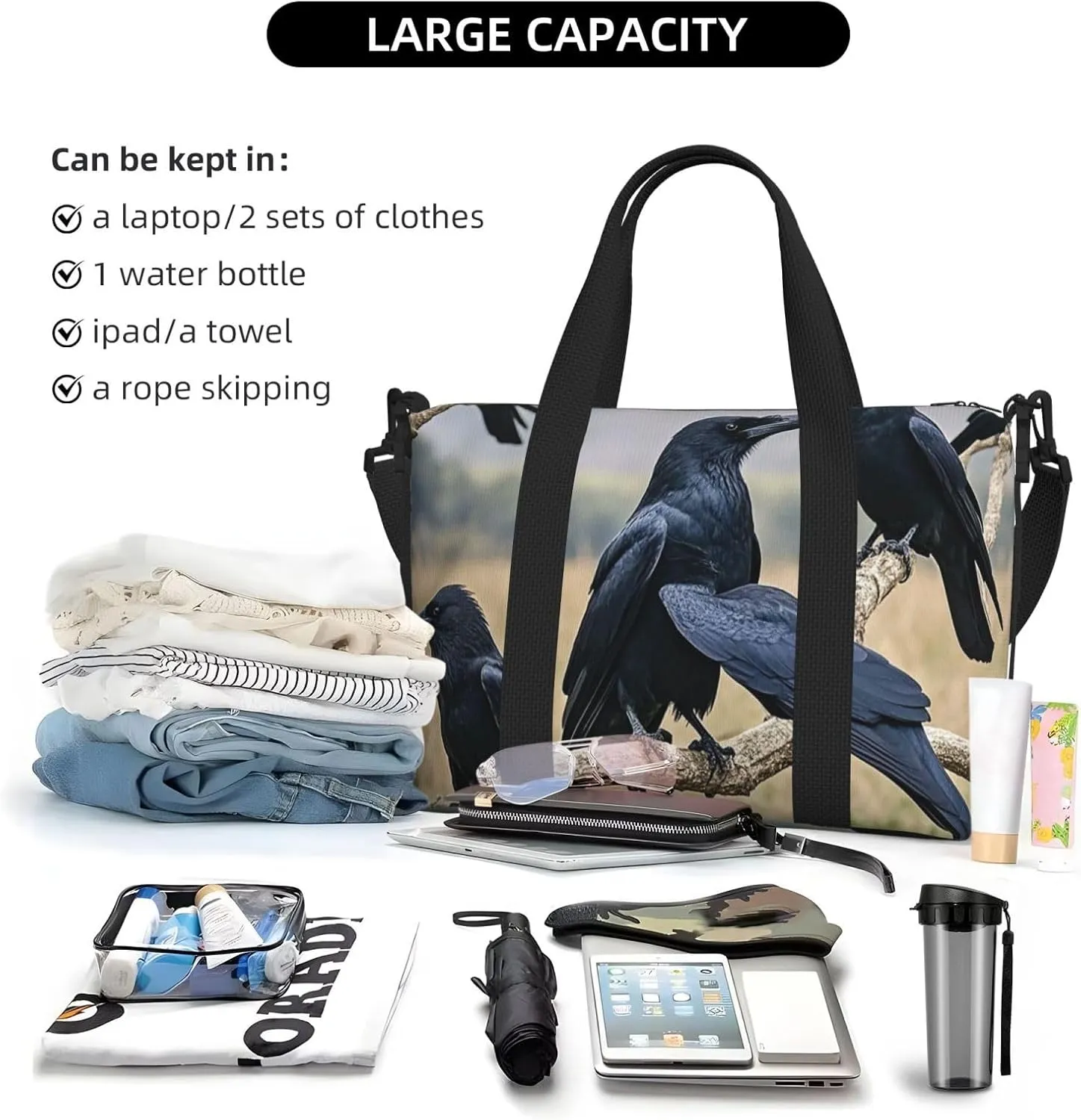Gym Bag Crow Birds Duffel Bag for Men Women Travel Overnight Bag with Shoe Compartment Workout Bags