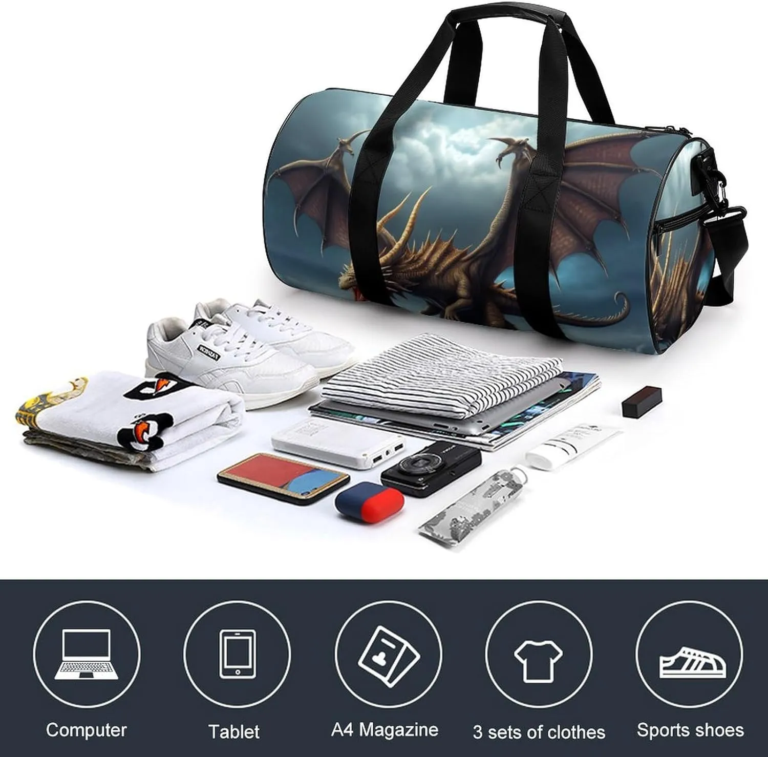 Gym Bag Flying Dragon Duffel Bag for Men Women Overnight Bag with Shoe Compartment Workout Bags
