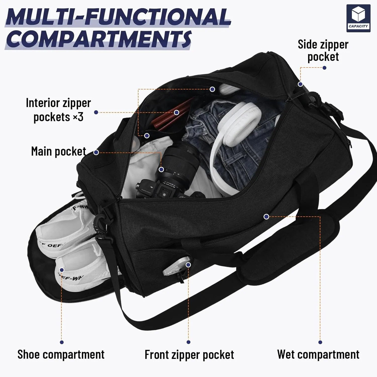 Gym Bag for Men Women with Shoe and Wet Compartment, 35L Sports Duffle Bags for Travel Swimming Fitness and Workout with Shoulder Strap, Black