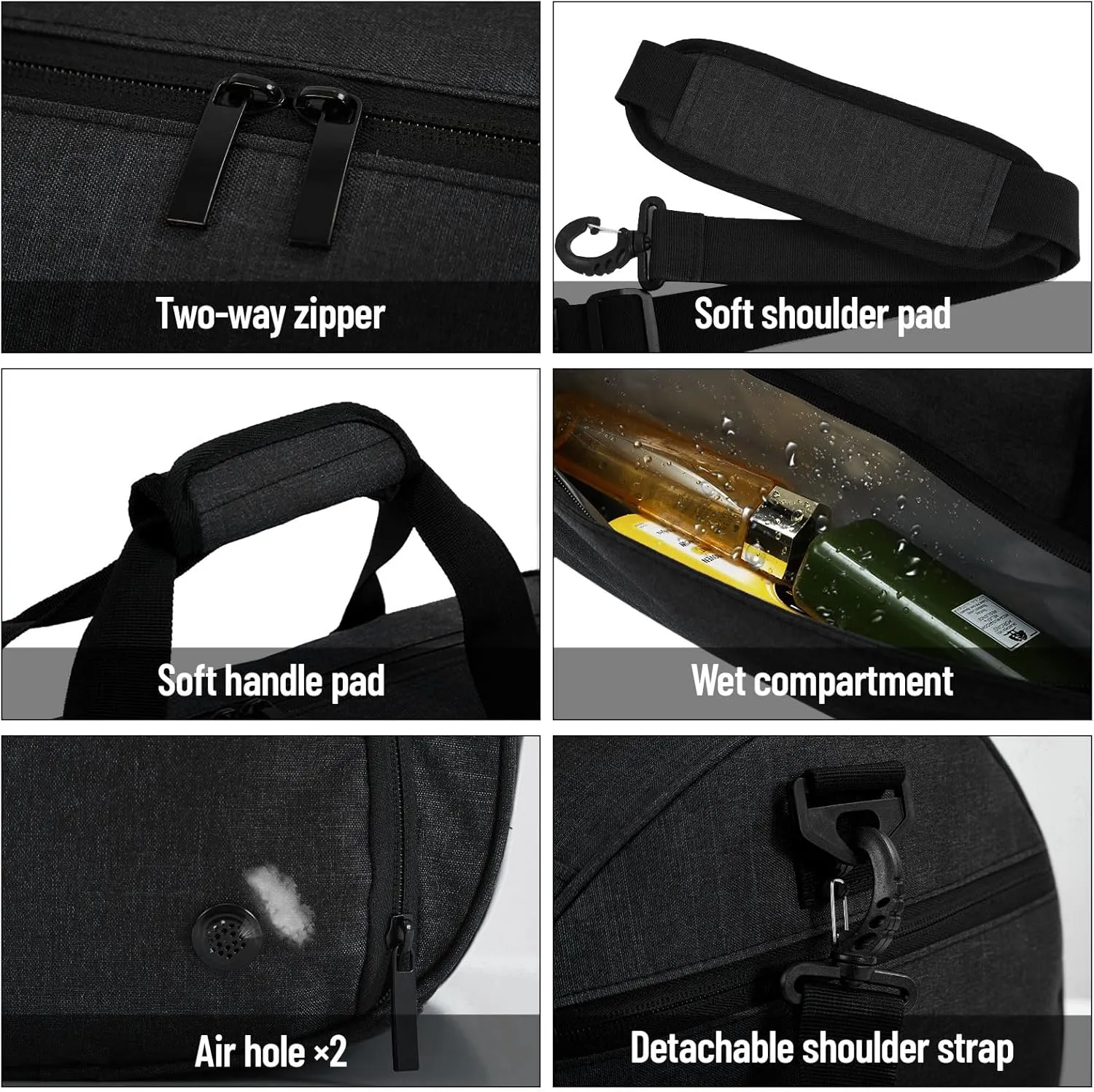 Gym Bag for Men Women with Shoe and Wet Compartment, 35L Sports Duffle Bags for Travel Swimming Fitness and Workout with Shoulder Strap, Black