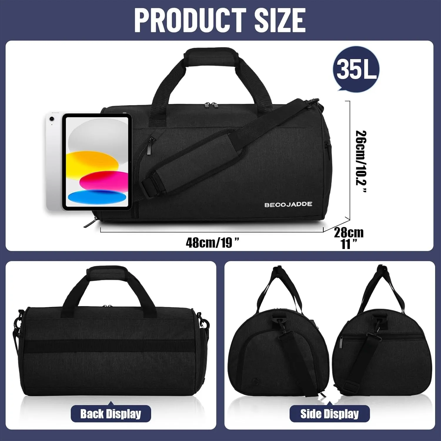Gym Bag for Men Women with Shoe and Wet Compartment, 35L Sports Duffle Bags for Travel Swimming Fitness and Workout with Shoulder Strap, Black