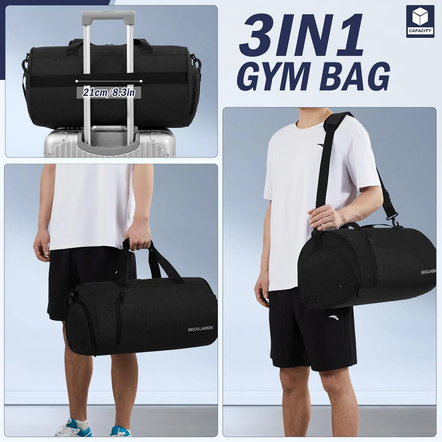 Gym Bag for Men Women with Shoe and Wet Compartment, 35L Sports Duffle Bags for Travel Swimming Fitness and Workout with Shoulder Strap, Black