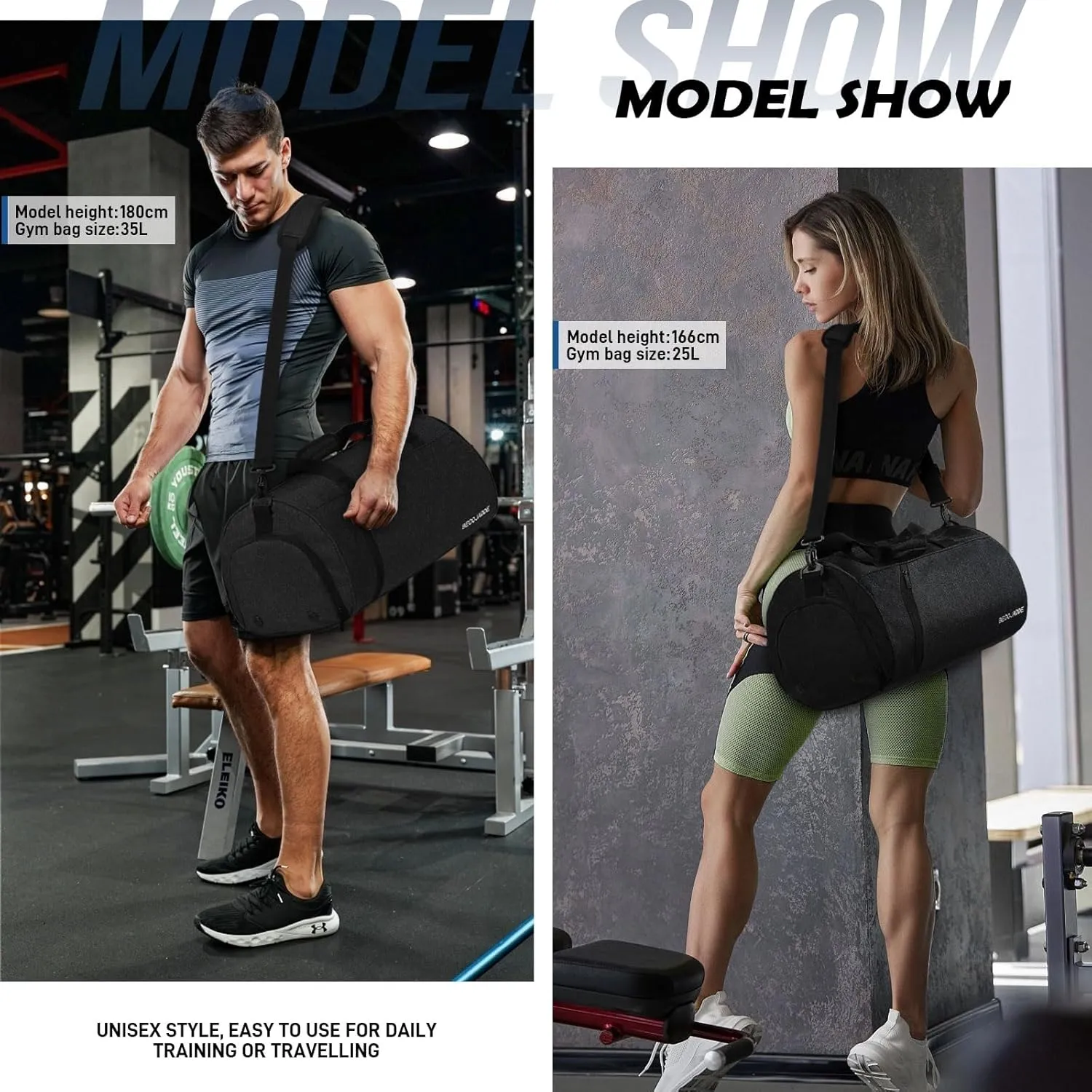Gym Bag for Men Women with Shoe and Wet Compartment, 35L Sports Duffle Bags for Travel Swimming Fitness and Workout with Shoulder Strap, Black