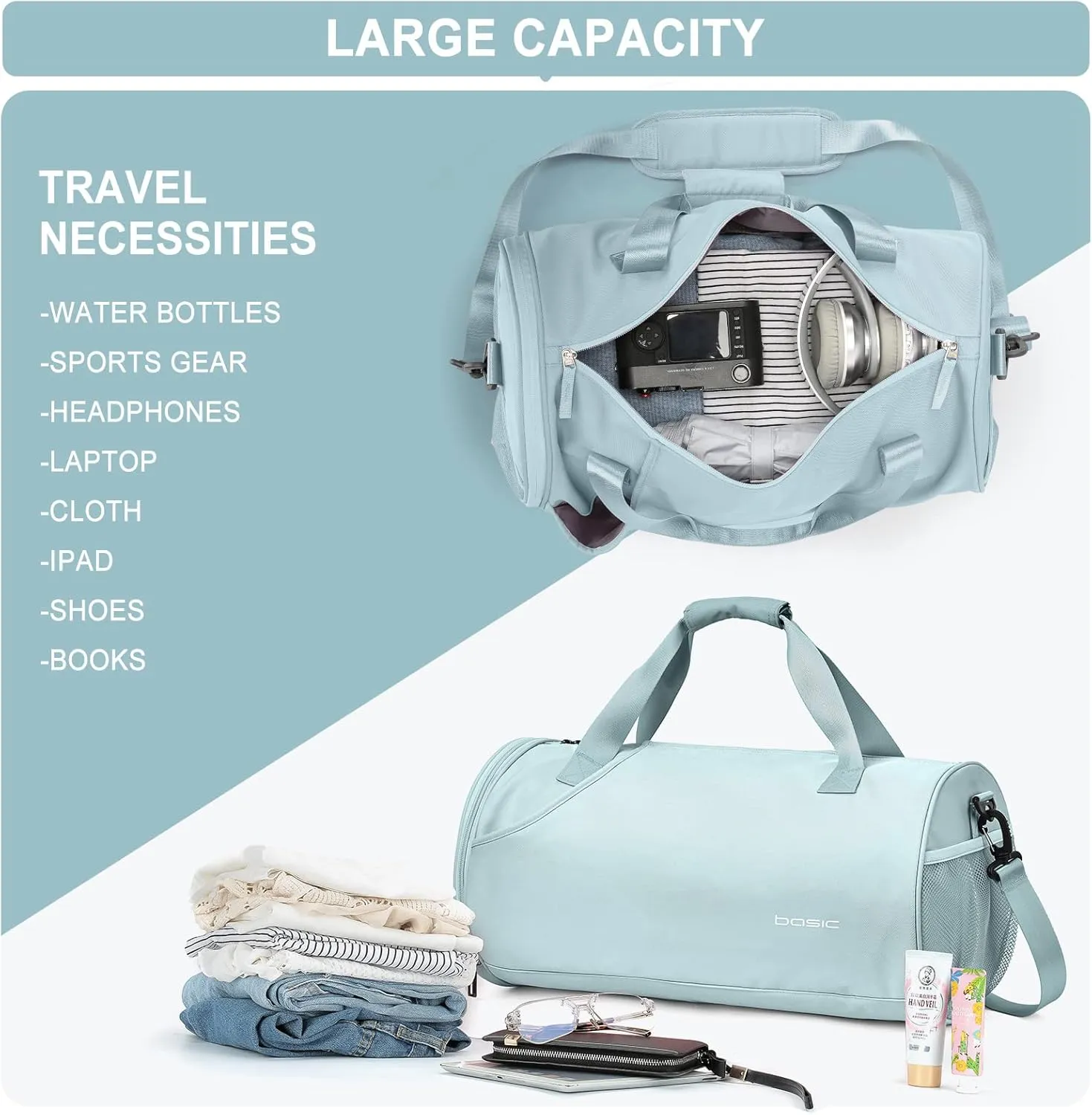 Gym Bag for Women & Men with Wet & Shoe Compartment, Small Duffle Bag for Travel, Sport, Gym, Workout, Overnight, Weekender, Carry-on - Light Blue