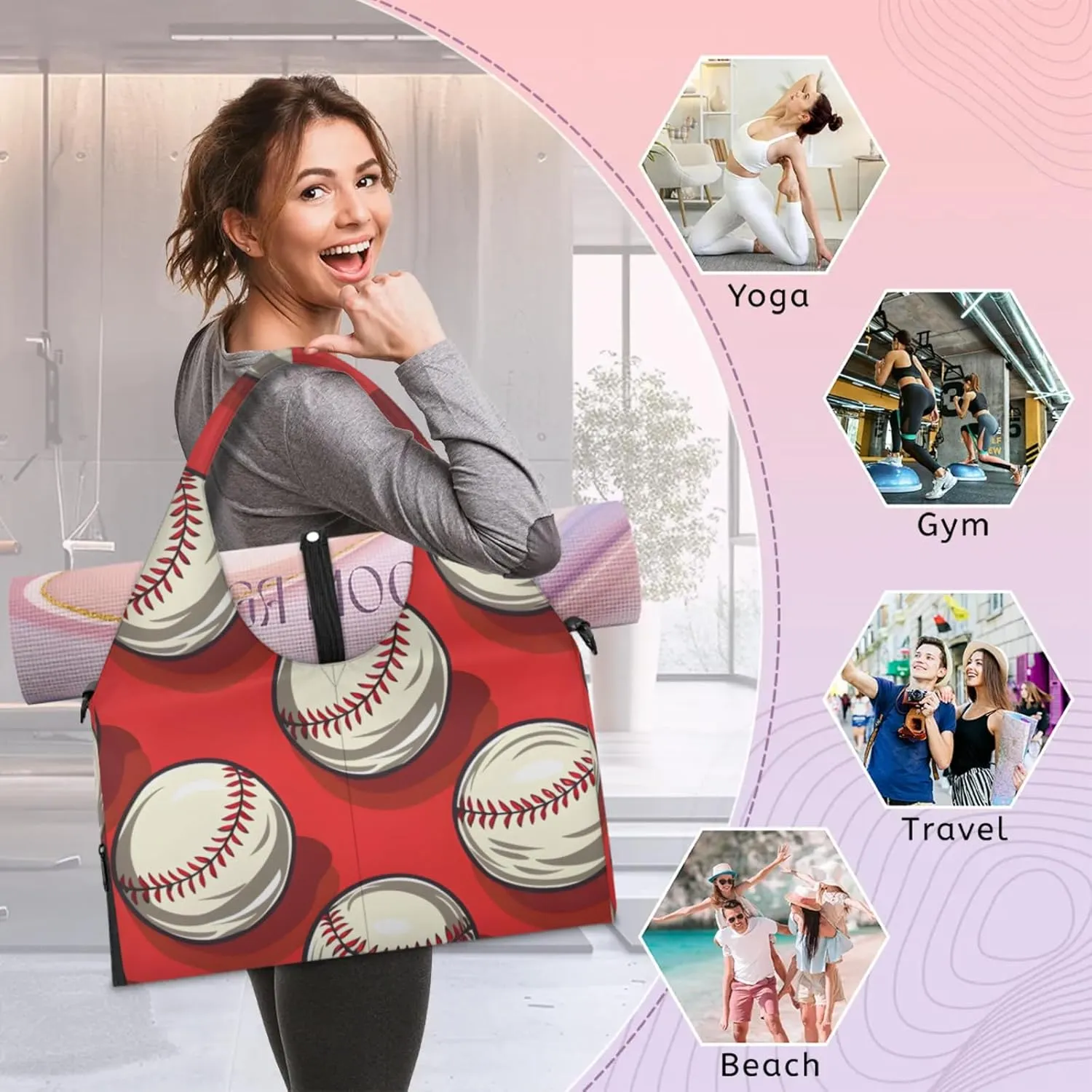 Gym Bag for Women Baseballs Themed Duffel Bag with Shoe Compartment and Yoga Mat Holder Portable Weekender Bags Travel Tote Bags