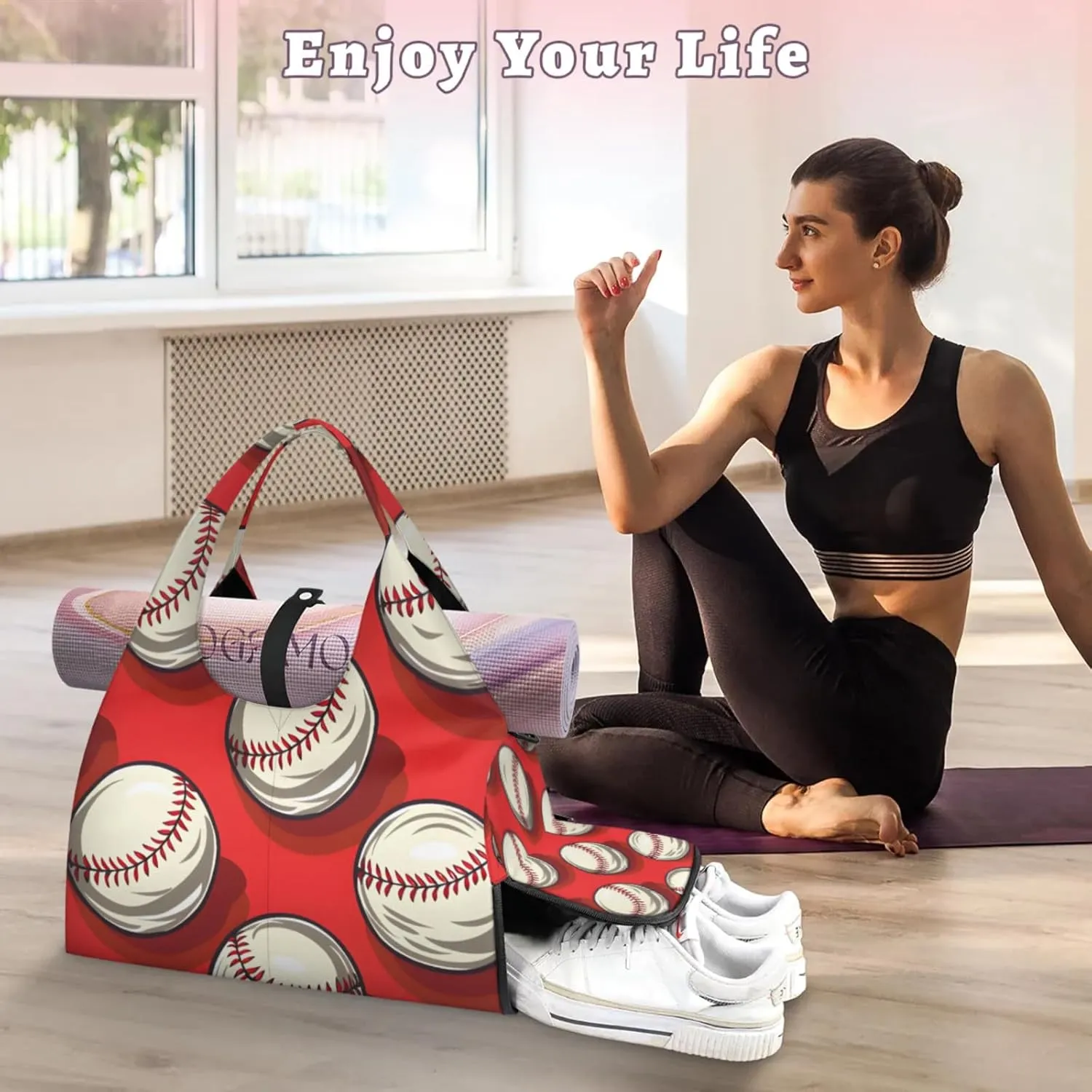 Gym Bag for Women Baseballs Themed Duffel Bag with Shoe Compartment and Yoga Mat Holder Portable Weekender Bags Travel Tote Bags