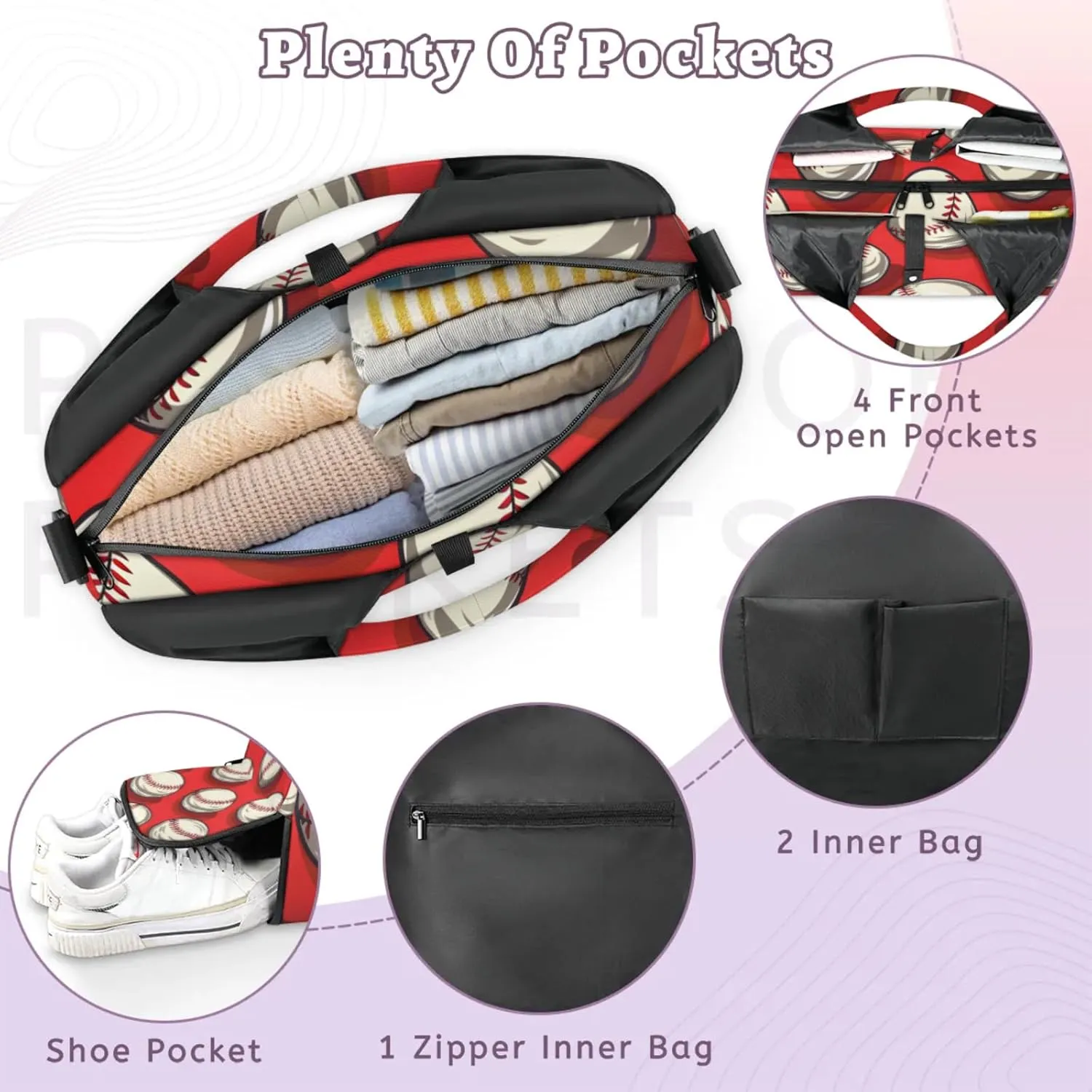 Gym Bag for Women Baseballs Themed Duffel Bag with Shoe Compartment and Yoga Mat Holder Portable Weekender Bags Travel Tote Bags