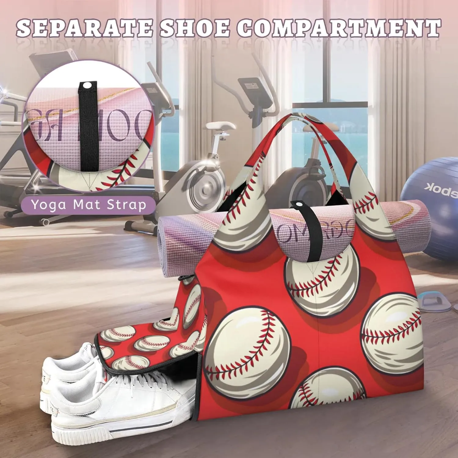 Gym Bag for Women Baseballs Themed Duffel Bag with Shoe Compartment and Yoga Mat Holder Portable Weekender Bags Travel Tote Bags