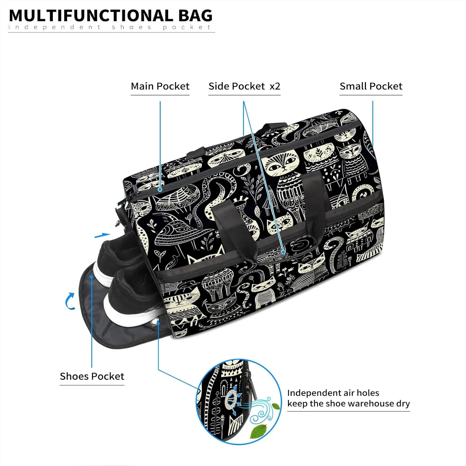 Gym Bag for Women, Carry on Weekender Overnight Bag, Travel Duffel Bags, Personal Item Travel Bag Tote Bag Workout Dance Bag, Cat - 3