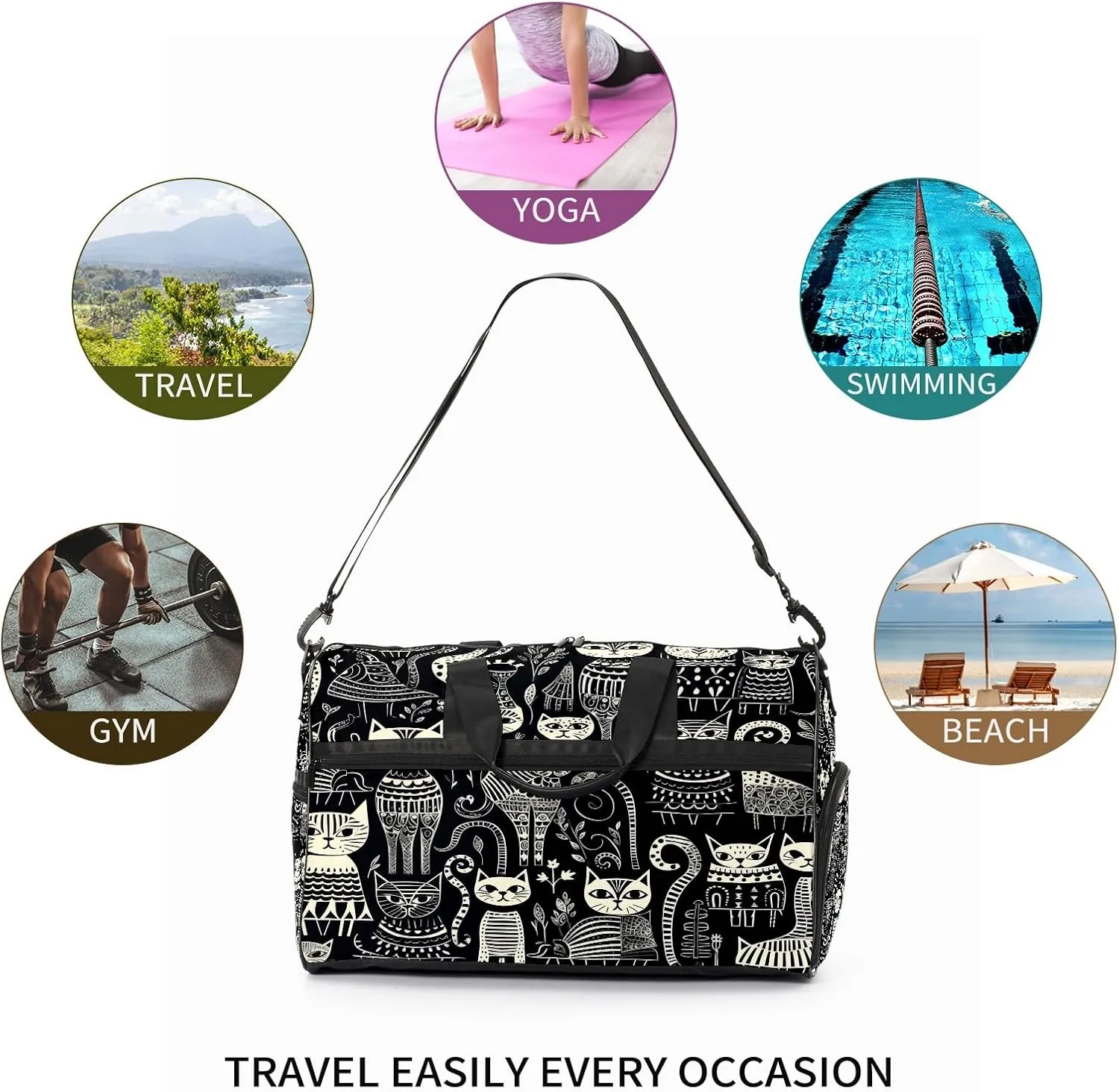 Gym Bag for Women, Carry on Weekender Overnight Bag, Travel Duffel Bags, Personal Item Travel Bag Tote Bag Workout Dance Bag, Cat - 3