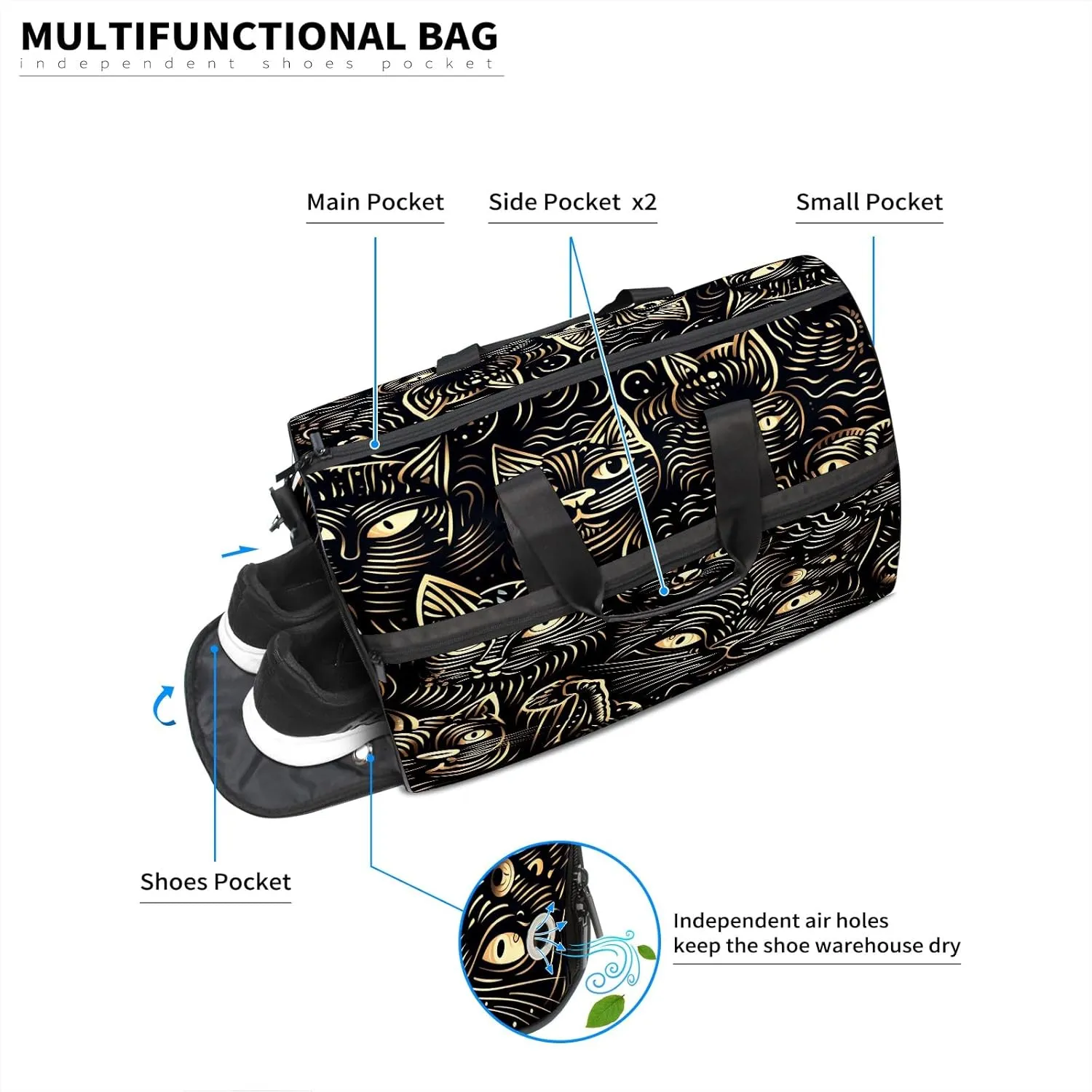 Gym Bag for Women, Carry on Weekender Overnight Bag, Travel Duffel Bags, Personal Item Travel Bag Tote Bag Workout Dance Bag, Cat - 9