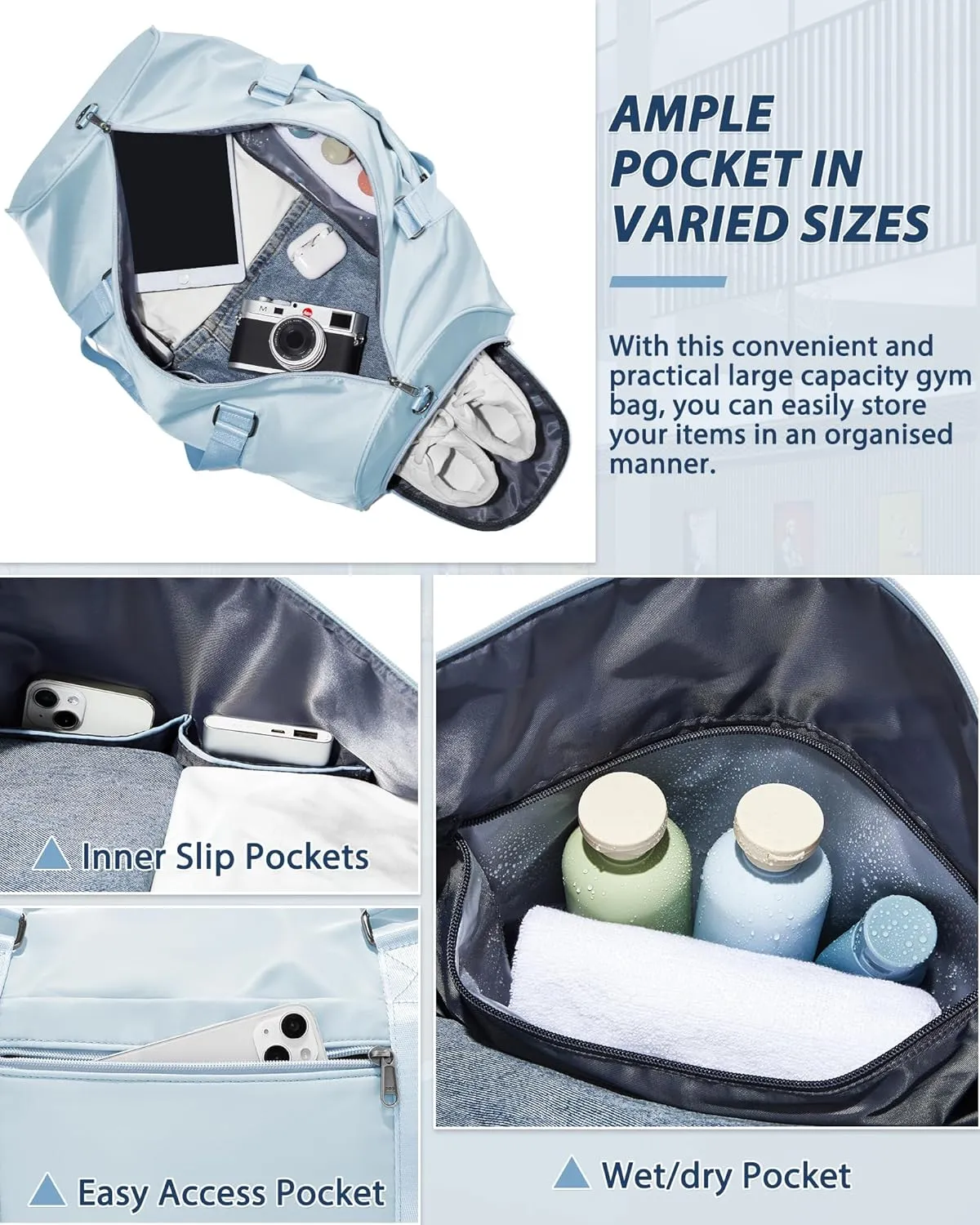 Gym Bag for Women Men with Shoe Compartment,Small Travel Duffle Bags for Traveling Overnight Weekender Bag Personal Item Travel Bag Large Sport Gym Bag Workout Bag Hospital Holdalls Sky Blue