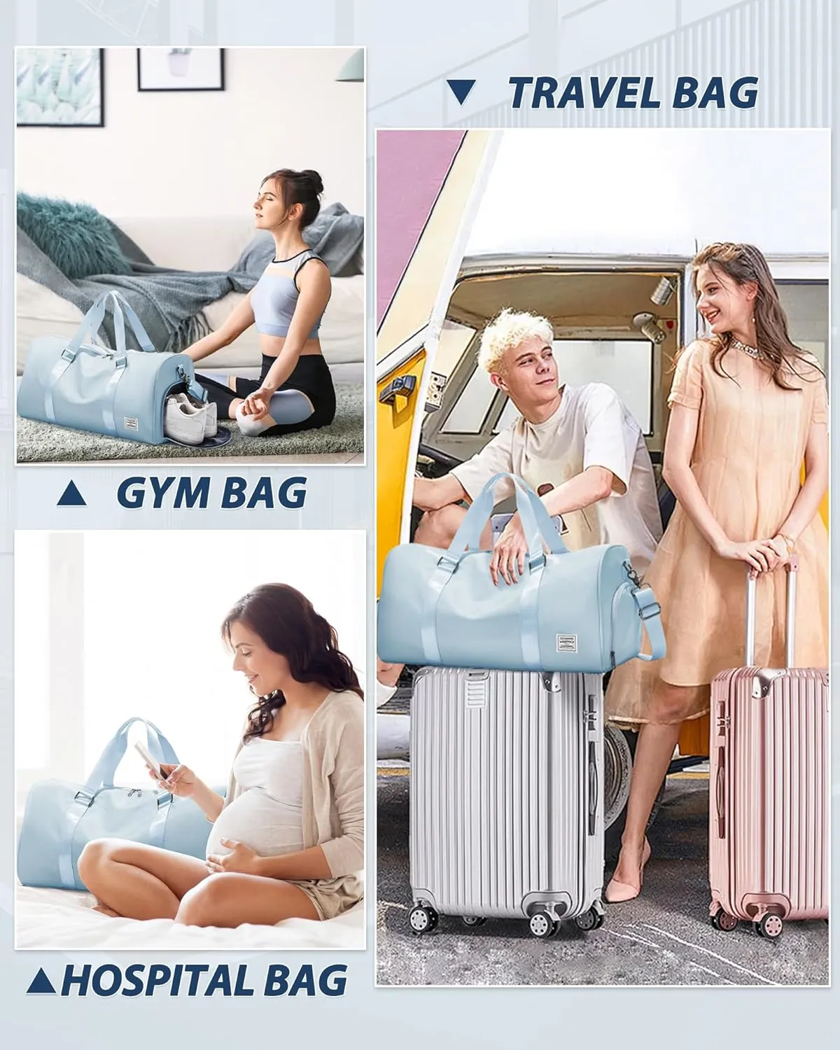 Gym Bag for Women Men with Shoe Compartment,Small Travel Duffle Bags for Traveling Overnight Weekender Bag Personal Item Travel Bag Large Sport Gym Bag Workout Bag Hospital Holdalls Sky Blue