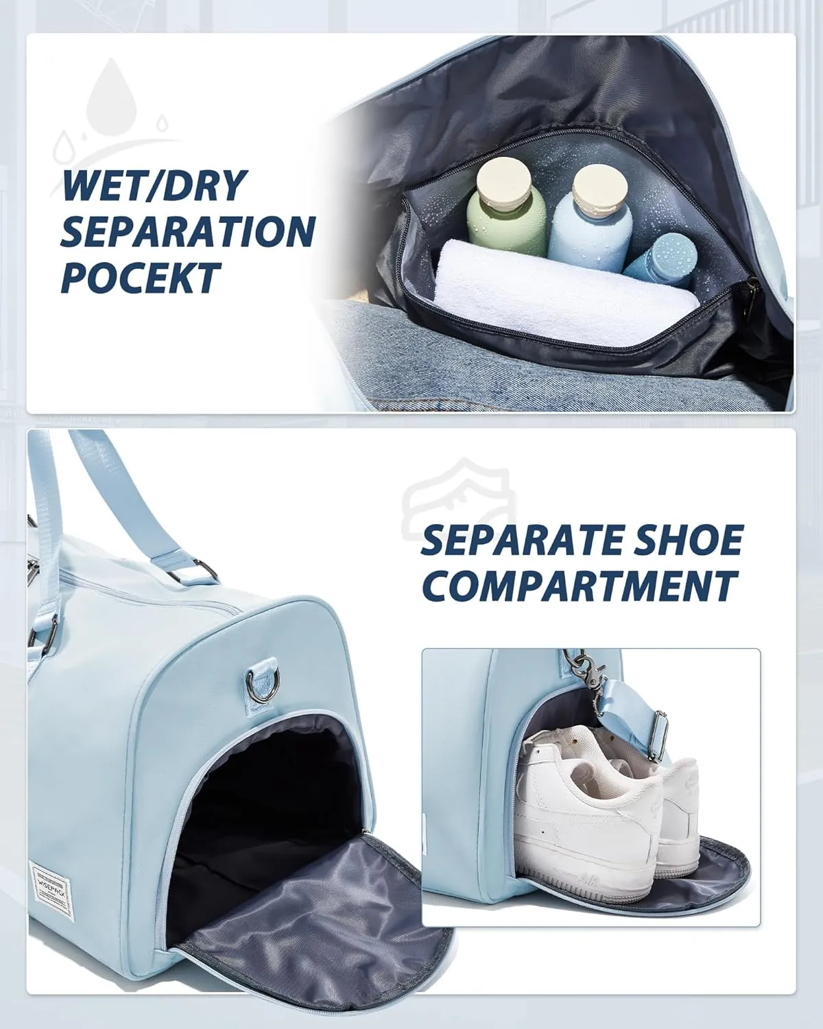 Gym Bag for Women Men with Shoe Compartment,Small Travel Duffle Bags for Traveling Overnight Weekender Bag Personal Item Travel Bag Large Sport Gym Bag Workout Bag Hospital Holdalls Sky Blue