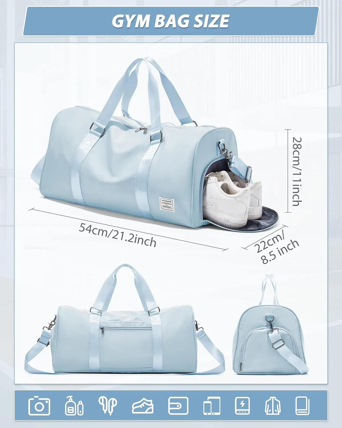 Gym Bag for Women Men with Shoe Compartment,Small Travel Duffle Bags for Traveling Overnight Weekender Bag Personal Item Travel Bag Large Sport Gym Bag Workout Bag Hospital Holdalls Sky Blue