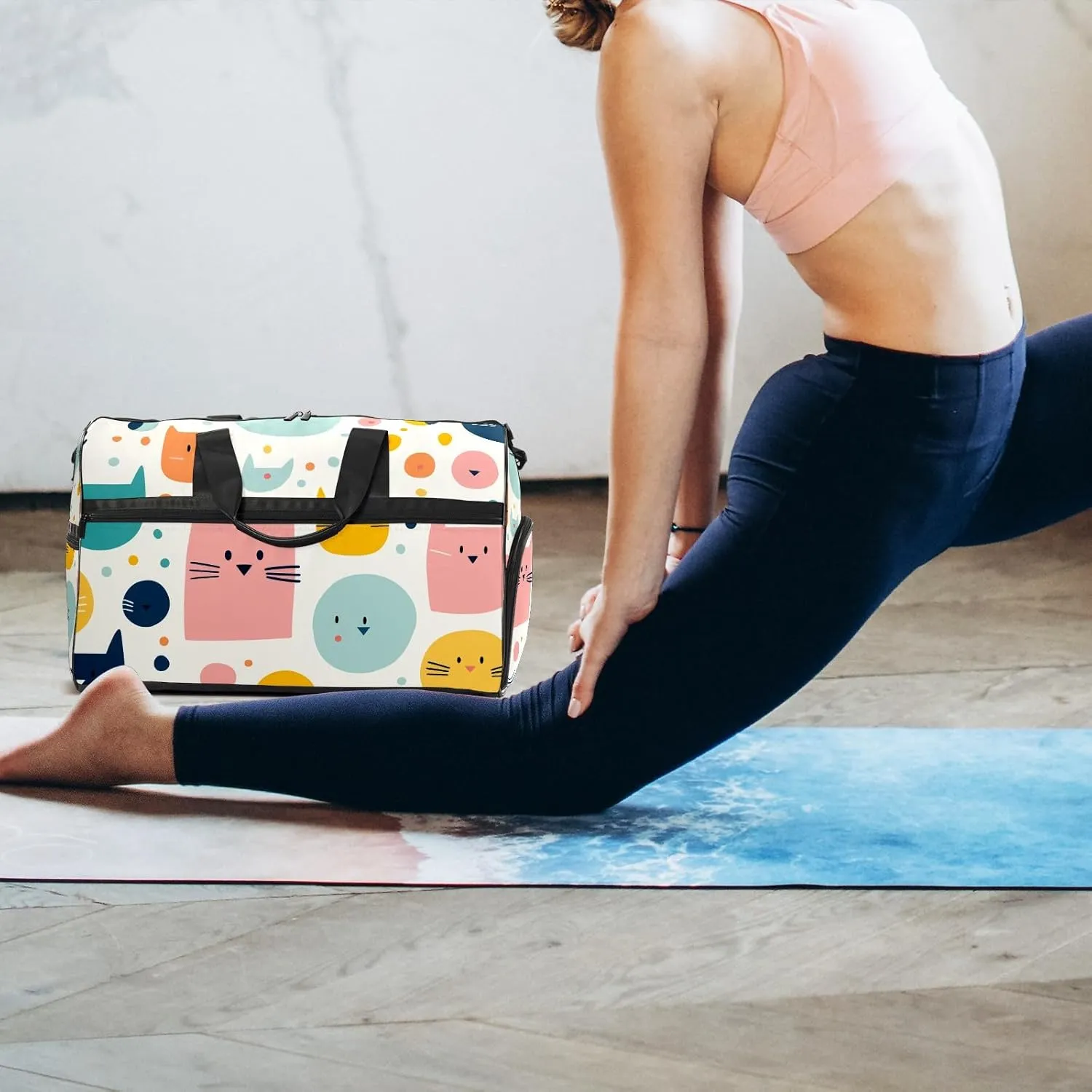 Gym Bag for Women Men, Yoga Bag with Shoe Pocket, Travel Duffel Tote Bag for Plane, Workout, Swimming, Weekend Overnight Bag Carry on Bag Hospital Holdalls, Cat Simple Drawing - 6