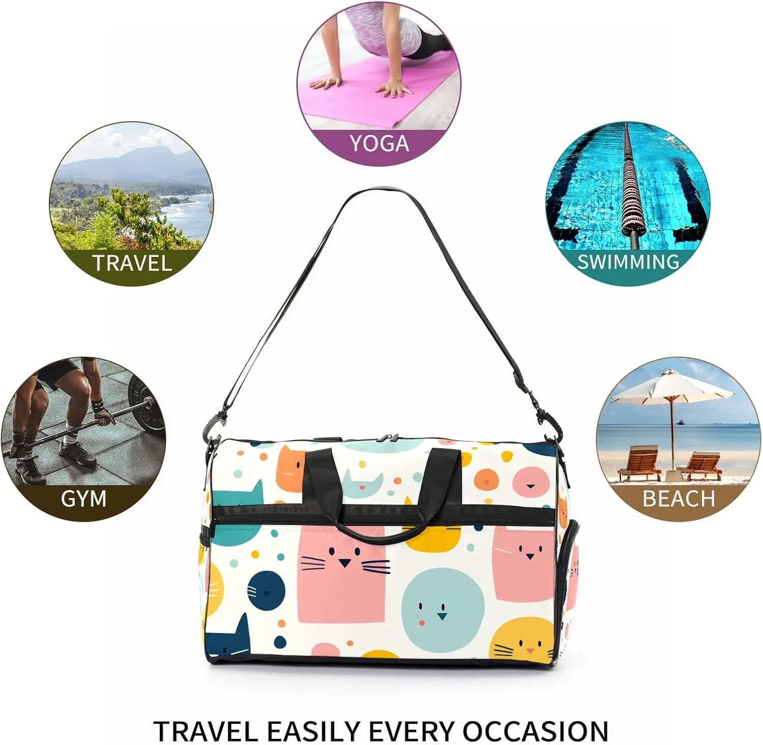 Gym Bag for Women Men, Yoga Bag with Shoe Pocket, Travel Duffel Tote Bag for Plane, Workout, Swimming, Weekend Overnight Bag Carry on Bag Hospital Holdalls, Cat Simple Drawing - 6