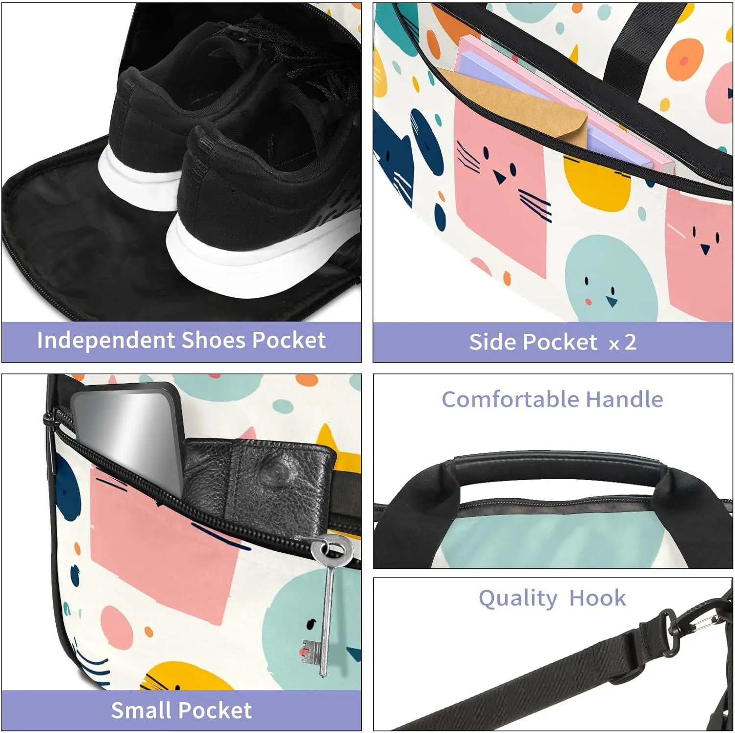 Gym Bag for Women Men, Yoga Bag with Shoe Pocket, Travel Duffel Tote Bag for Plane, Workout, Swimming, Weekend Overnight Bag Carry on Bag Hospital Holdalls, Cat Simple Drawing - 6