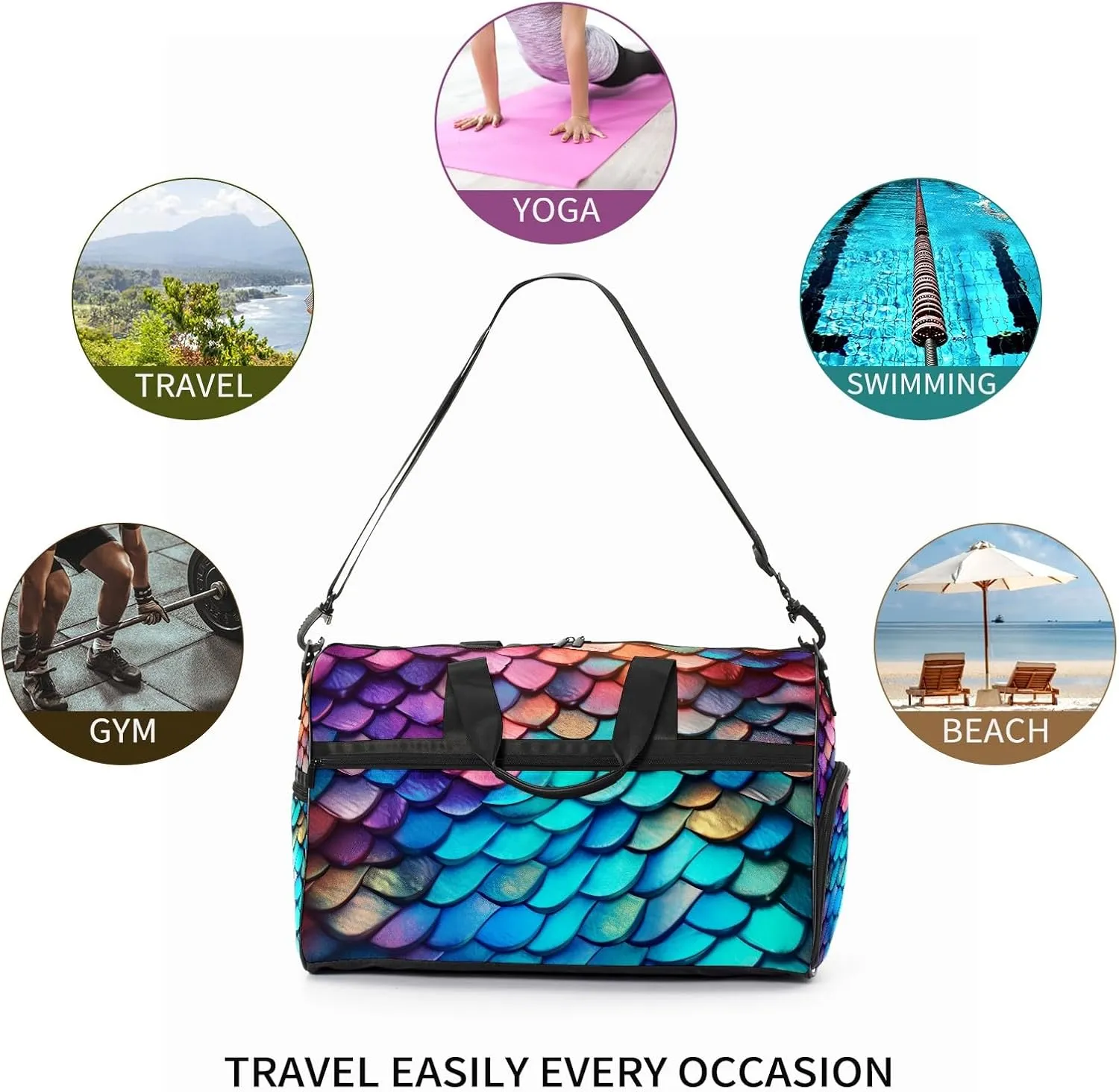 Gym Bag for Women Men, Yoga Bag with Shoe Pocket, Travel Duffel Tote Bag for Plane, Workout, Swimming, Weekend Overnight Bag Carry on Bag Hospital Holdalls, Colorful Dragon Scales - 56