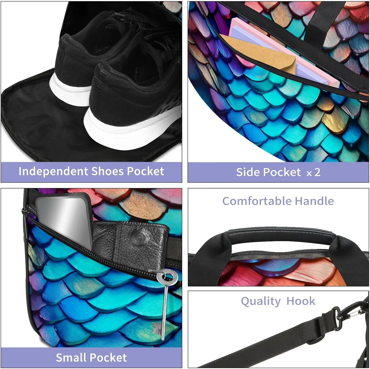 Gym Bag for Women Men, Yoga Bag with Shoe Pocket, Travel Duffel Tote Bag for Plane, Workout, Swimming, Weekend Overnight Bag Carry on Bag Hospital Holdalls, Colorful Dragon Scales - 56