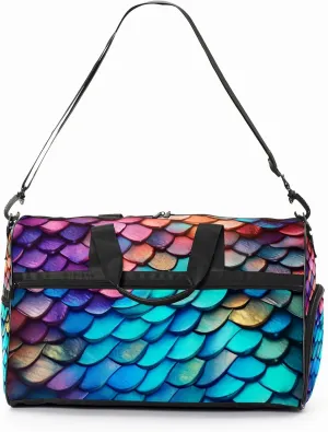 Gym Bag for Women Men, Yoga Bag with Shoe Pocket, Travel Duffel Tote Bag for Plane, Workout, Swimming, Weekend Overnight Bag Carry on Bag Hospital Holdalls, Colorful Dragon Scales - 56
