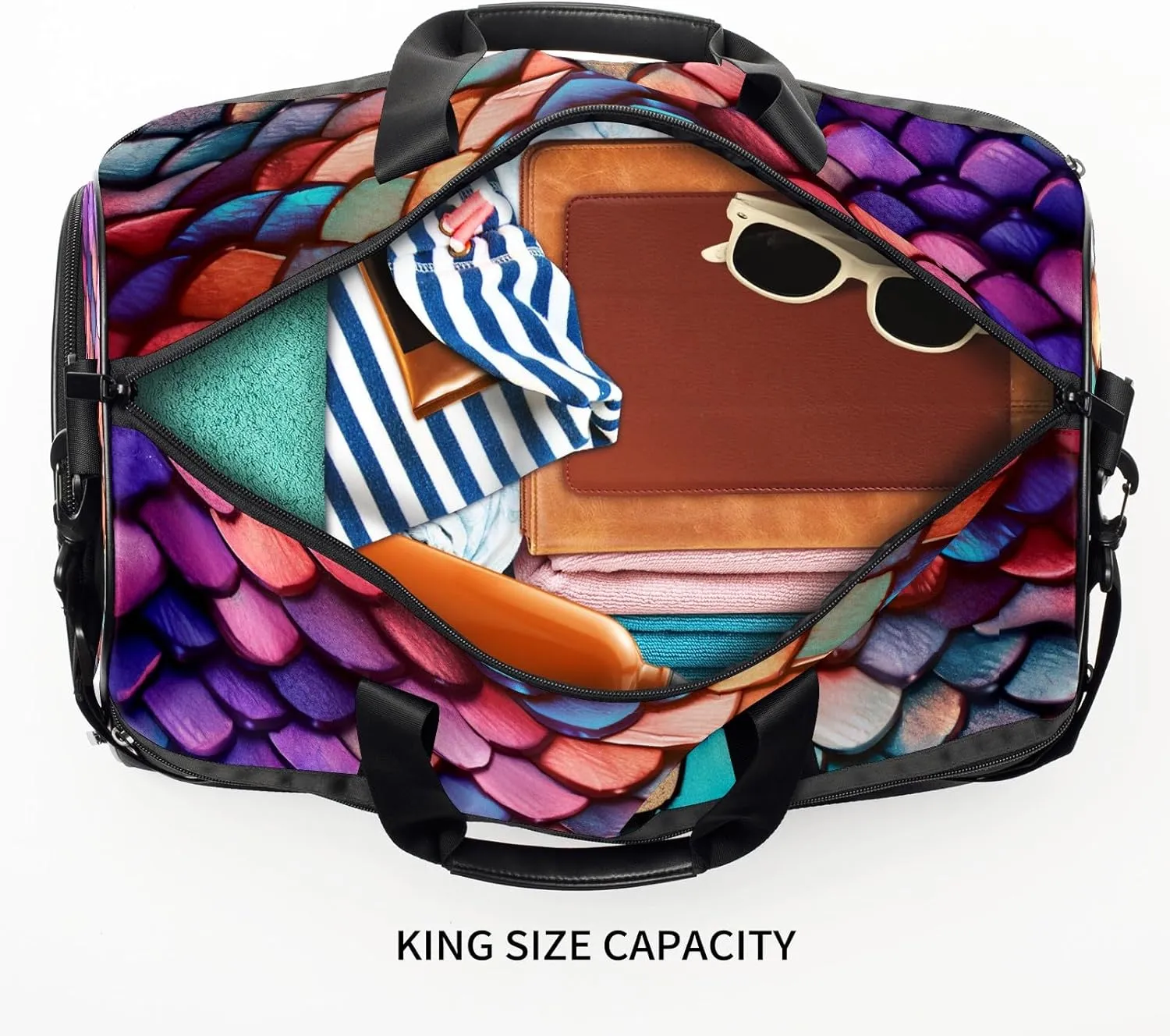 Gym Bag for Women Men, Yoga Bag with Shoe Pocket, Travel Duffel Tote Bag for Plane, Workout, Swimming, Weekend Overnight Bag Carry on Bag Hospital Holdalls, Colorful Dragon Scales - 56