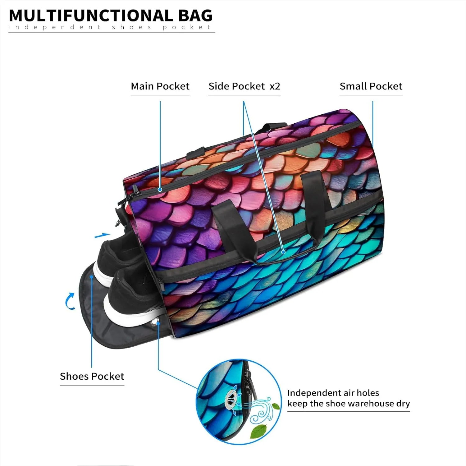 Gym Bag for Women Men, Yoga Bag with Shoe Pocket, Travel Duffel Tote Bag for Plane, Workout, Swimming, Weekend Overnight Bag Carry on Bag Hospital Holdalls, Colorful Dragon Scales - 56