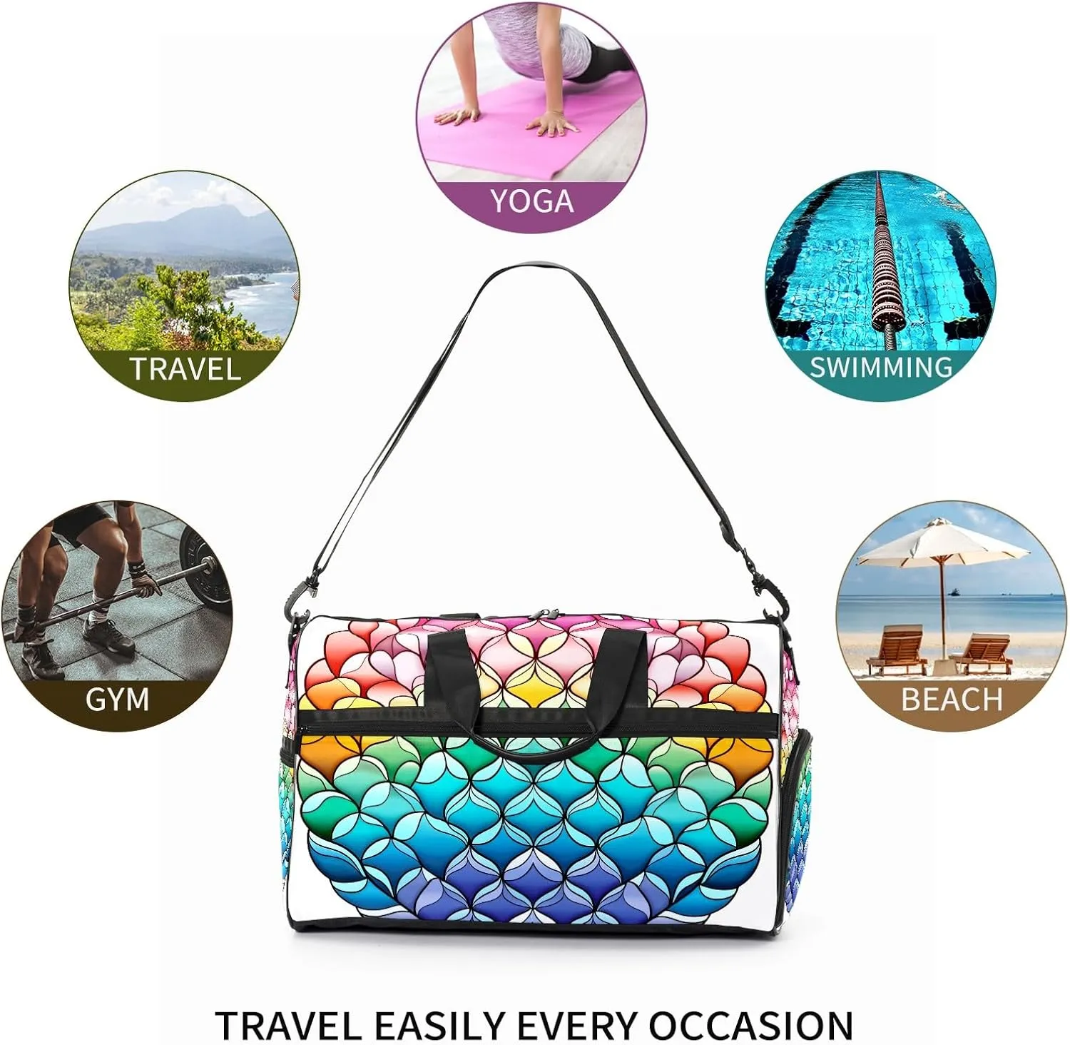 Gym Bag for Women Men, Yoga Bag with Shoe Pocket, Travel Duffel Tote Bag for Plane, Workout, Swimming, Weekend Overnight Bag Carry on Bag Hospital Holdalls, Colorful Dragon Scales - 69