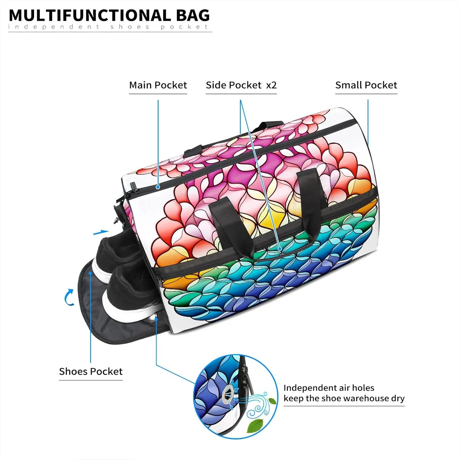 Gym Bag for Women Men, Yoga Bag with Shoe Pocket, Travel Duffel Tote Bag for Plane, Workout, Swimming, Weekend Overnight Bag Carry on Bag Hospital Holdalls, Colorful Dragon Scales - 69