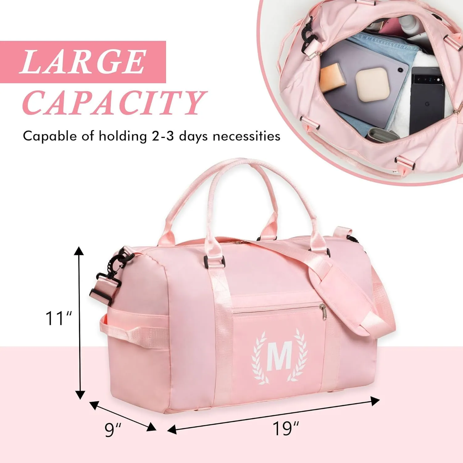 Gym Bag for Women, Personalized Duffle Bag with Shoe Compartment, Sports Duffle for Yoga & Dance with Wet Pocket and Mat Strap.