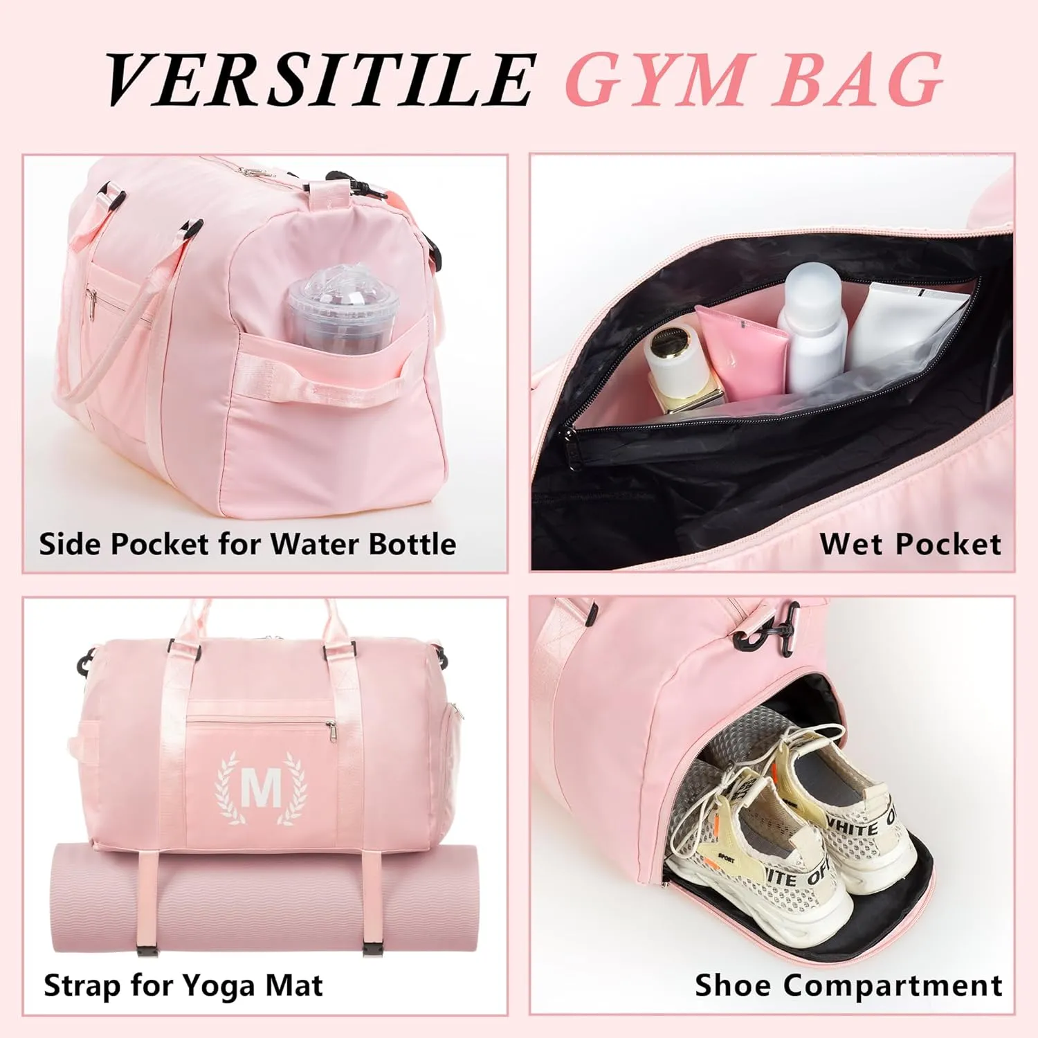 Gym Bag for Women, Personalized Duffle Bag with Shoe Compartment, Sports Duffle for Yoga & Dance with Wet Pocket and Mat Strap.