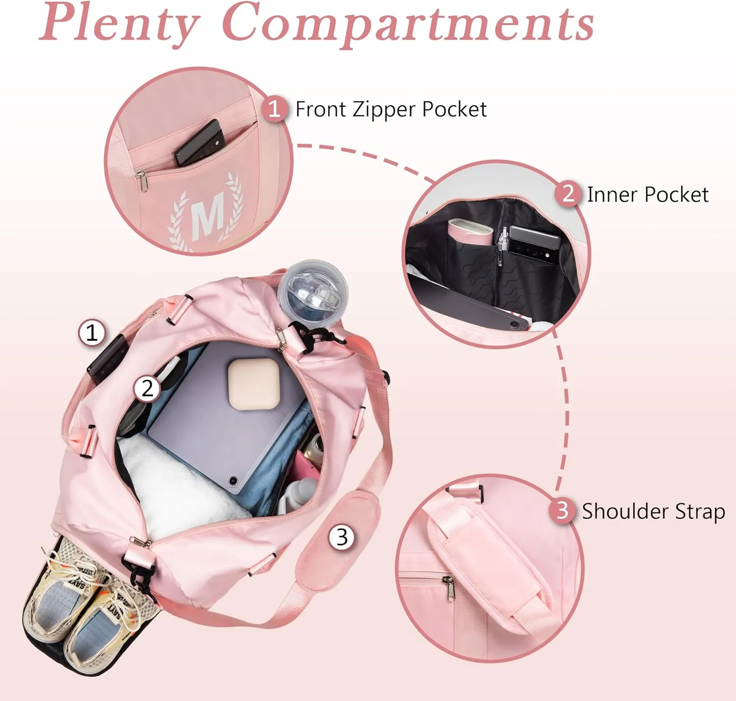 Gym Bag for Women, Personalized Duffle Bag with Shoe Compartment, Sports Duffle for Yoga & Dance with Wet Pocket and Mat Strap.