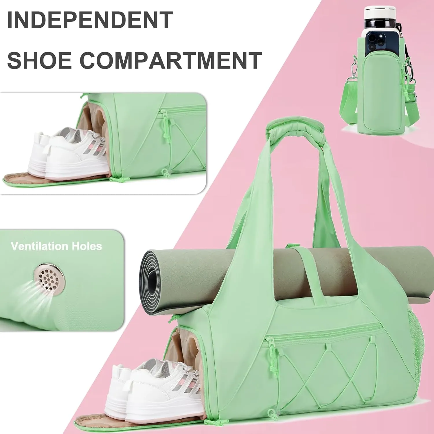 Gym Bag for Women, Yoga Mat Bag with Shoe Compartment and Wet Pocket, Sport Yoga Gym Bag with Yoga Strap, Carryall Yoga Tote Bag