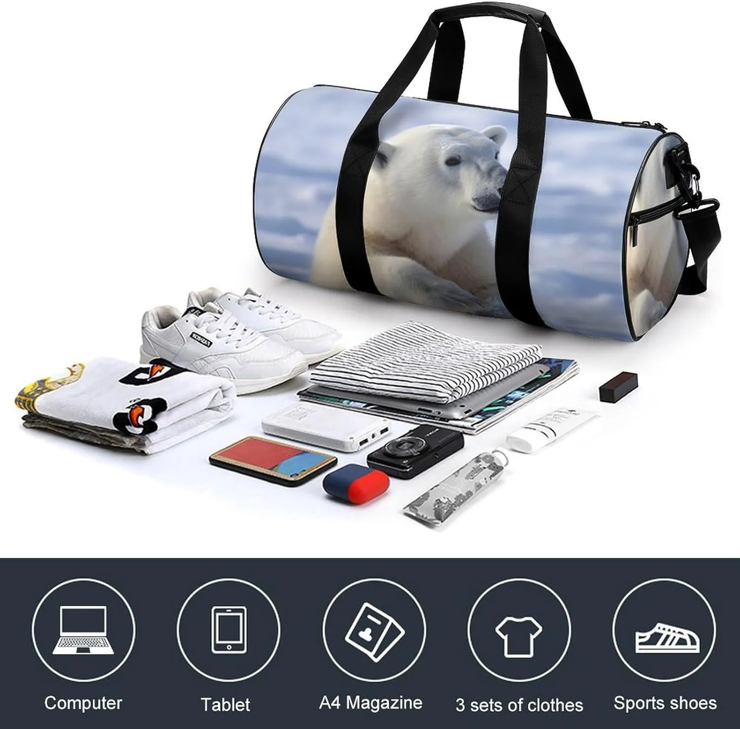 Gym Bag Polar Bear Duffel Bag for Men Women Overnight Bag with Shoe Compartment Workout Bags