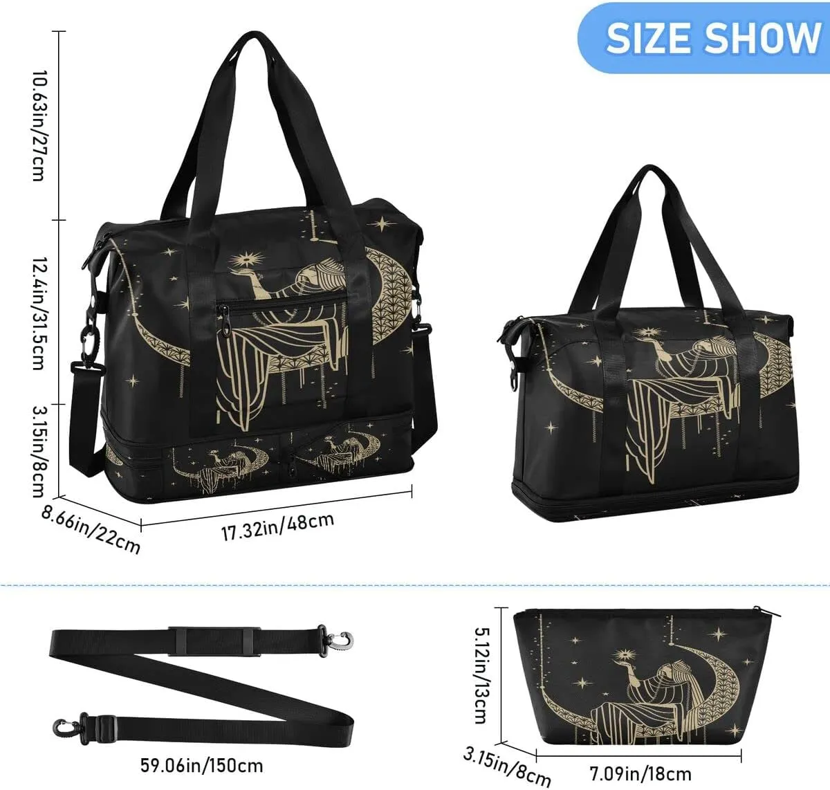 Gym Bag Sports Travel Duffel Bag Weekender Overnight Bag with Wet Pocket Shoes Compartment and Toiletry Bag Sacral Night Woman on Moon for Travel, Business,Gym, Yoga