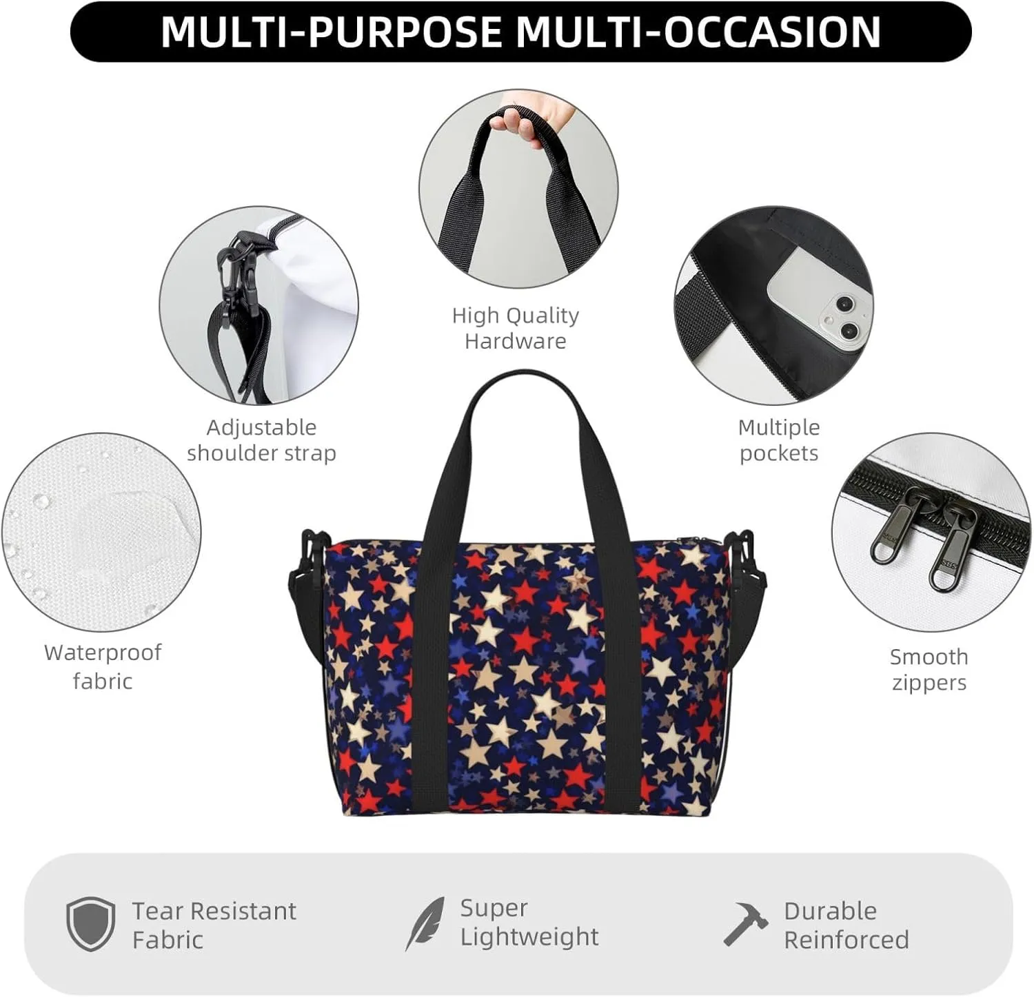 Gym Bag Stars American Duffel Bag for Men Women Travel Overnight Bag with Shoe Compartment Workout Bags