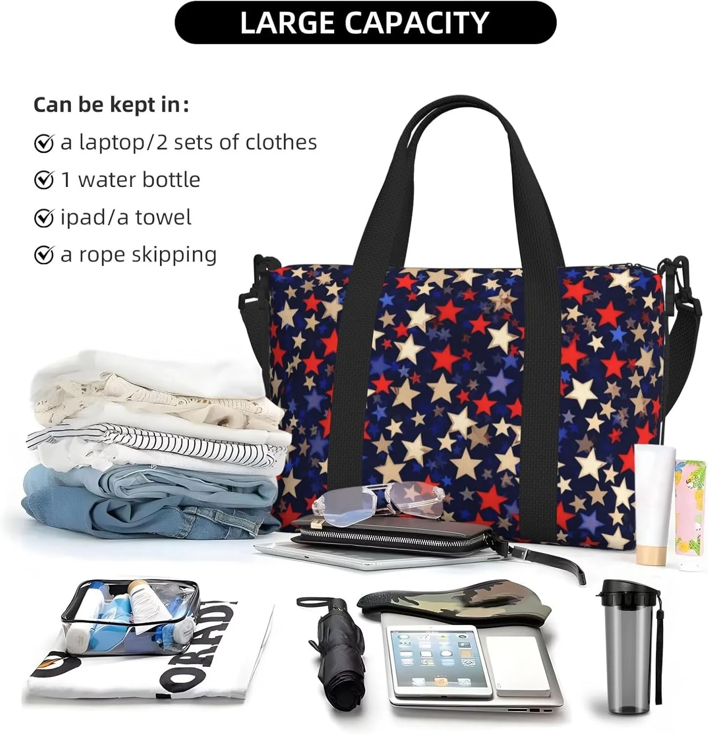 Gym Bag Stars American Duffel Bag for Men Women Travel Overnight Bag with Shoe Compartment Workout Bags
