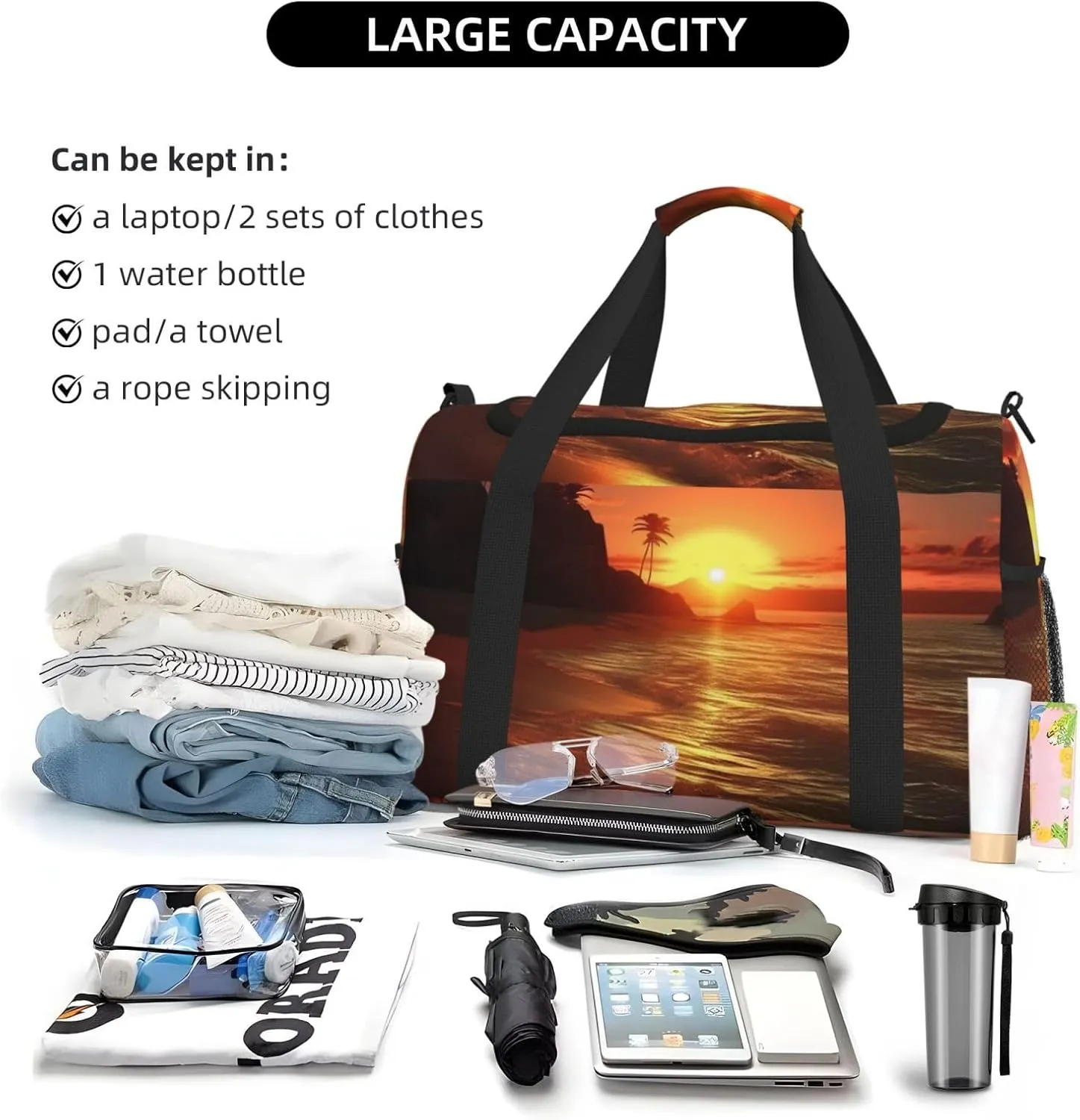 Gym Bag Sunset on The Beach Duffel Bag for Men Women Travel Overnight Bag with Shoe Compartment Workout Bags