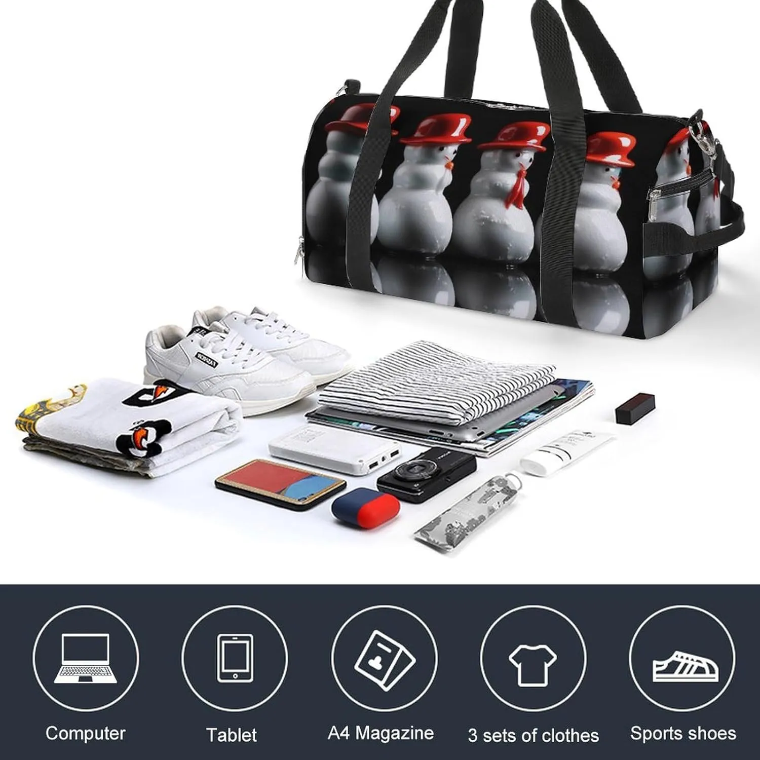 Gym Bag White Snowman Sculpture Duffel Bag for Men Women Travel Overnight Bag with Shoe Compartment Workout Bags
