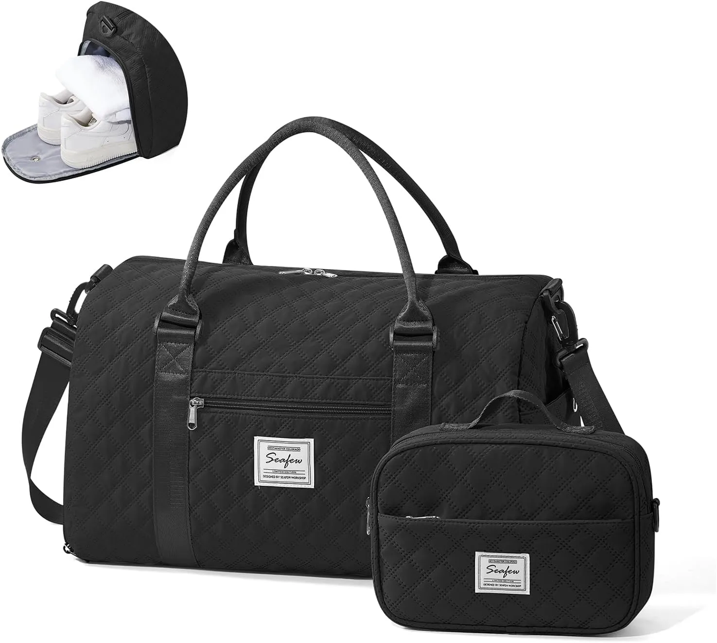Gym Duffle Bag for Women with Shoe Compartment Waterproof Travel Tote Bags Personal Item Carry On Weekender Overnight Bags with Toiletry Bag Swimming Yoga Bags Hospital Holdalls Black