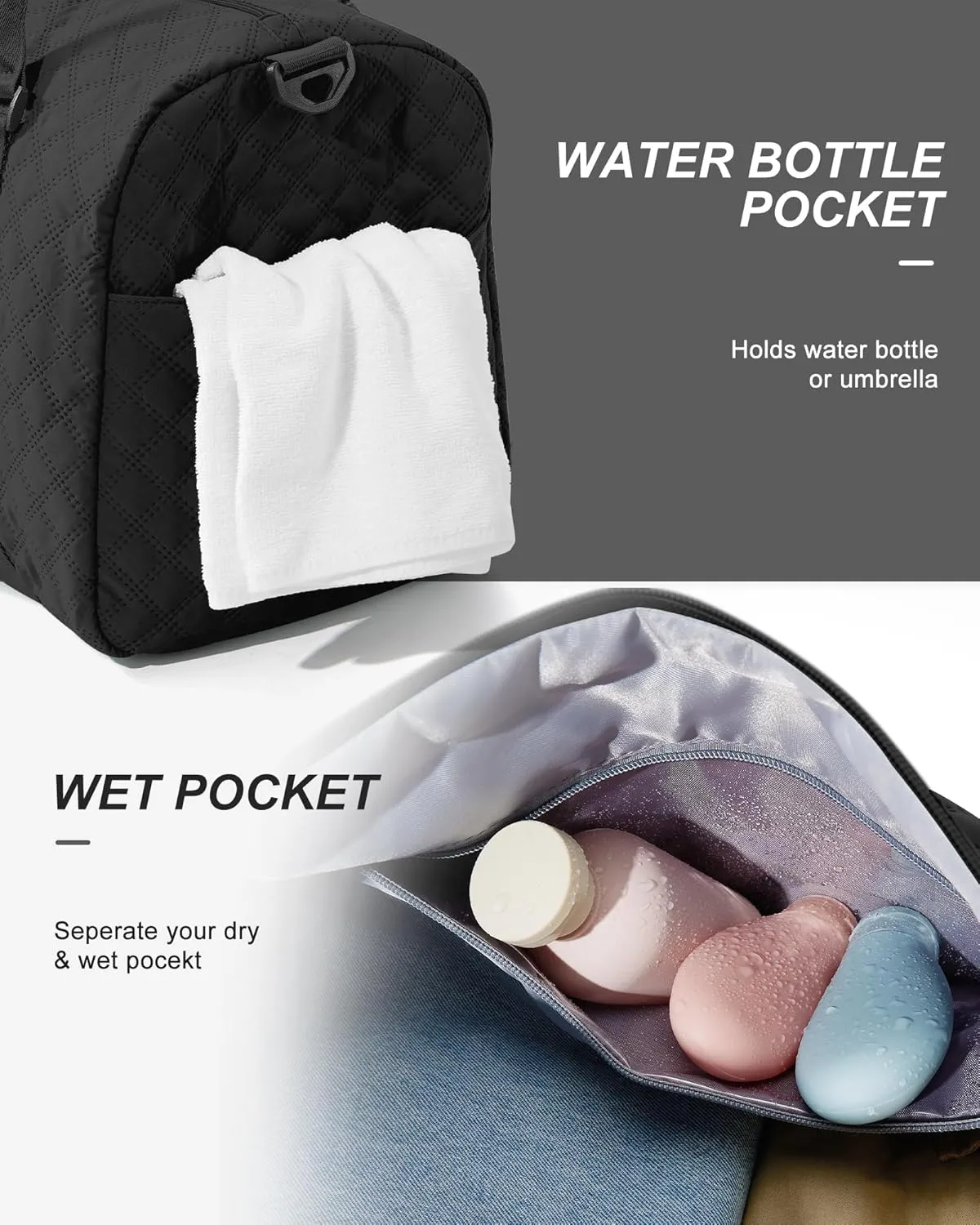 Gym Duffle Bag for Women with Shoe Compartment Waterproof Travel Tote Bags Personal Item Carry On Weekender Overnight Bags with Toiletry Bag Swimming Yoga Bags Hospital Holdalls Black