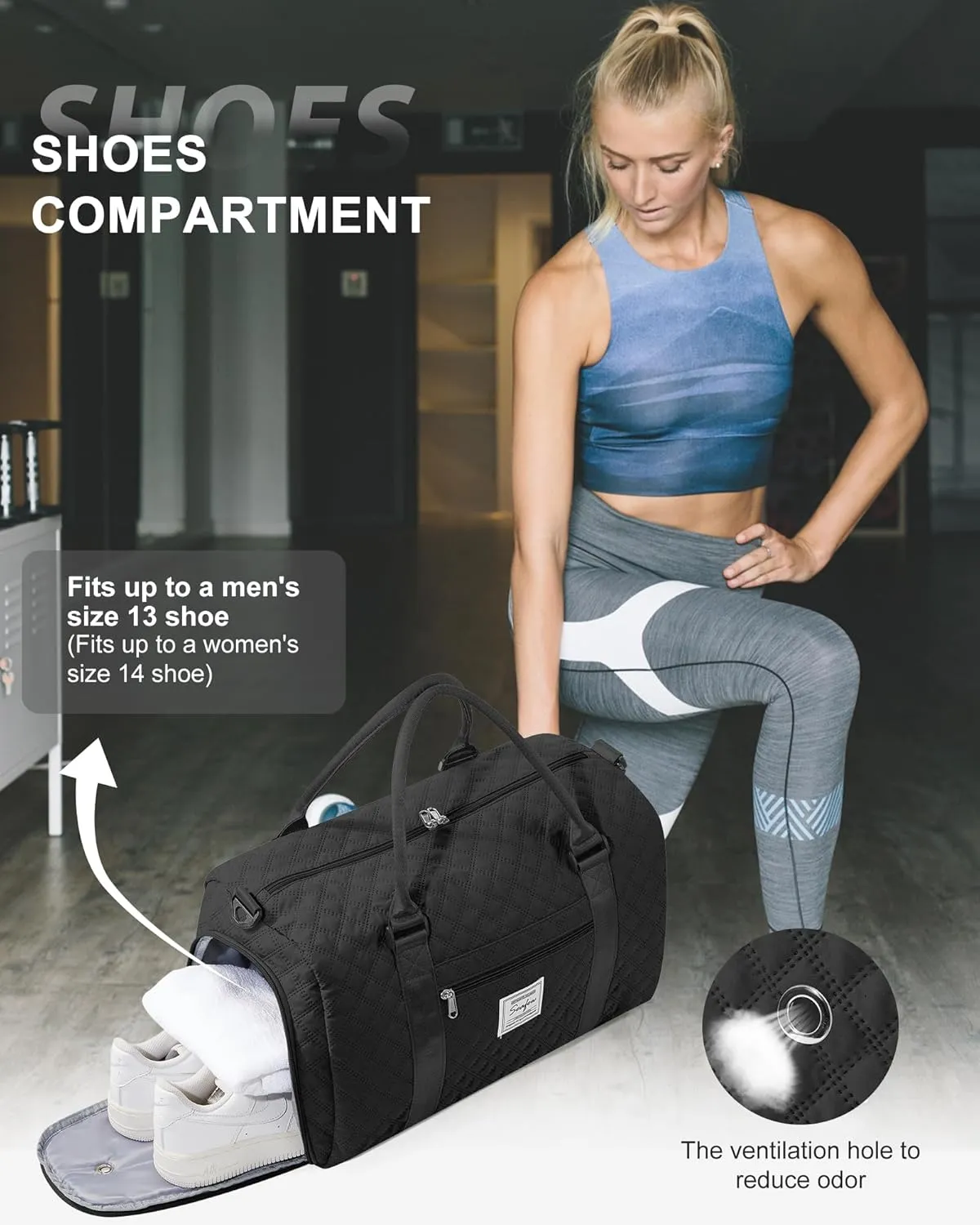 Gym Duffle Bag for Women with Shoe Compartment Waterproof Travel Tote Bags Personal Item Carry On Weekender Overnight Bags with Toiletry Bag Swimming Yoga Bags Hospital Holdalls Black