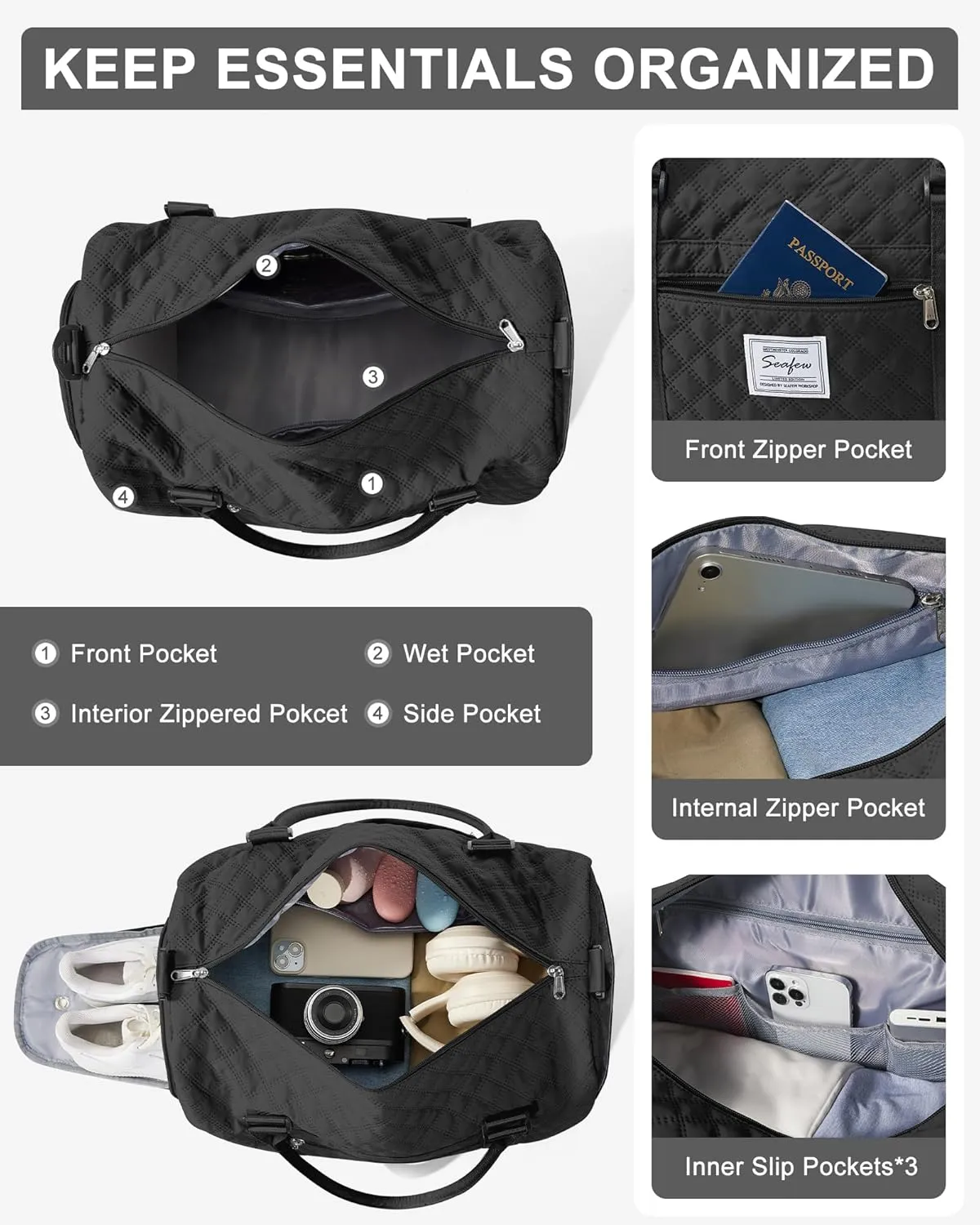 Gym Duffle Bag for Women with Shoe Compartment Waterproof Travel Tote Bags Personal Item Carry On Weekender Overnight Bags with Toiletry Bag Swimming Yoga Bags Hospital Holdalls Black