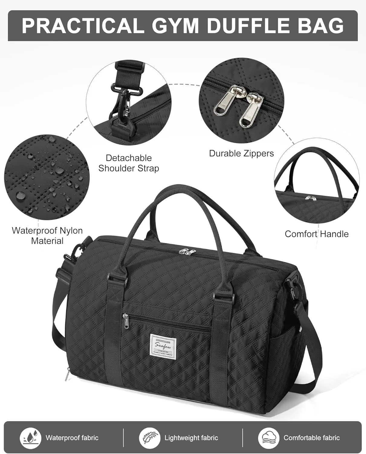 Gym Duffle Bag for Women with Shoe Compartment Waterproof Travel Tote Bags Personal Item Carry On Weekender Overnight Bags with Toiletry Bag Swimming Yoga Bags Hospital Holdalls Black