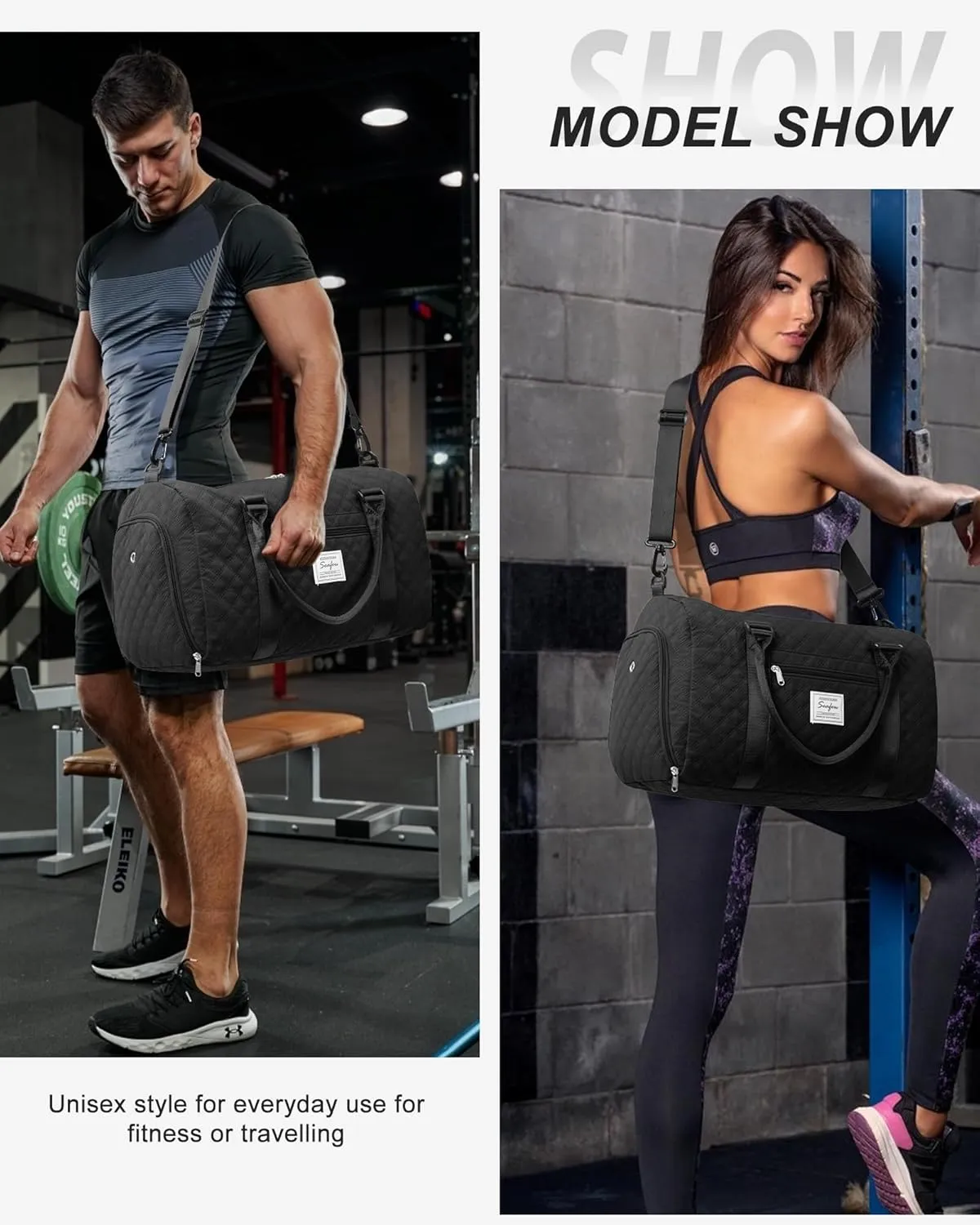 Gym Duffle Bag for Women with Shoe Compartment Waterproof Travel Tote Bags Personal Item Carry On Weekender Overnight Bags with Toiletry Bag Swimming Yoga Bags Hospital Holdalls Black