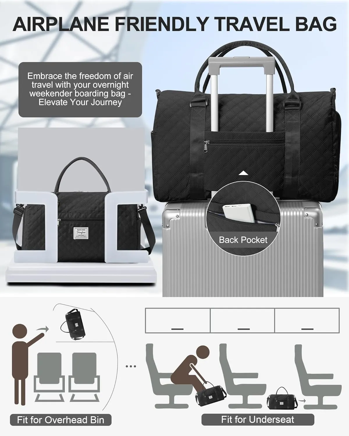 Gym Duffle Bag for Women with Shoe Compartment Waterproof Travel Tote Bags Personal Item Carry On Weekender Overnight Bags with Toiletry Bag Swimming Yoga Bags Hospital Holdalls Black