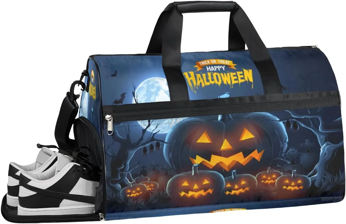 Halloween Pumpkin Sports Gym Bag for Women Men Travel Duffel Bag with Wet Pocket & Shoes Compartment Waterproof Weekender Overnight Tote Carry on Bag Lightweight
