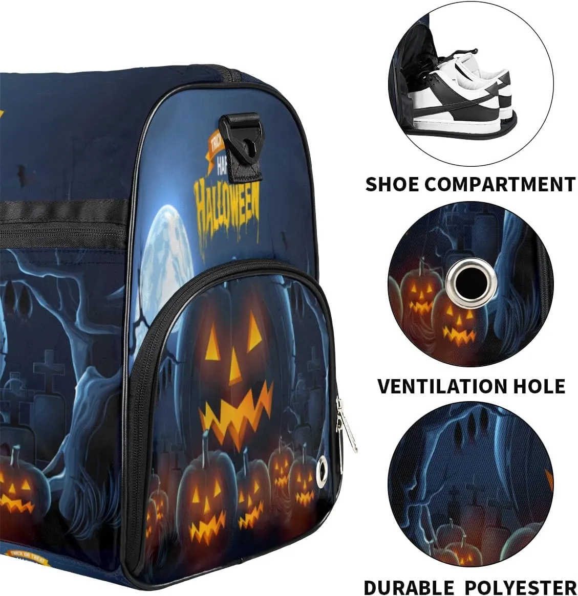Halloween Pumpkin Sports Gym Bag for Women Men Travel Duffel Bag with Wet Pocket & Shoes Compartment Waterproof Weekender Overnight Tote Carry on Bag Lightweight
